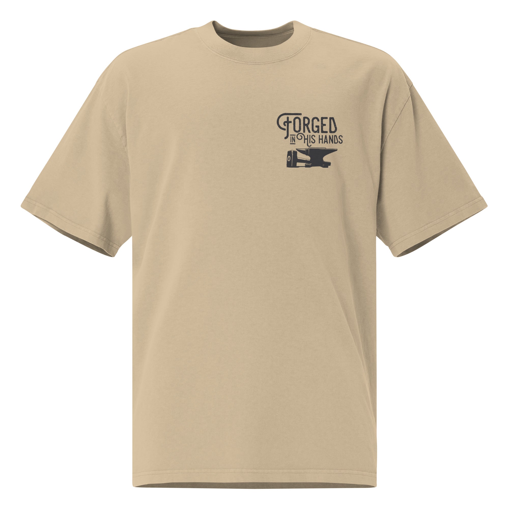 Image of Forged in His Hands Bible verse shirt faded khaki front view — Entrusted to Him
