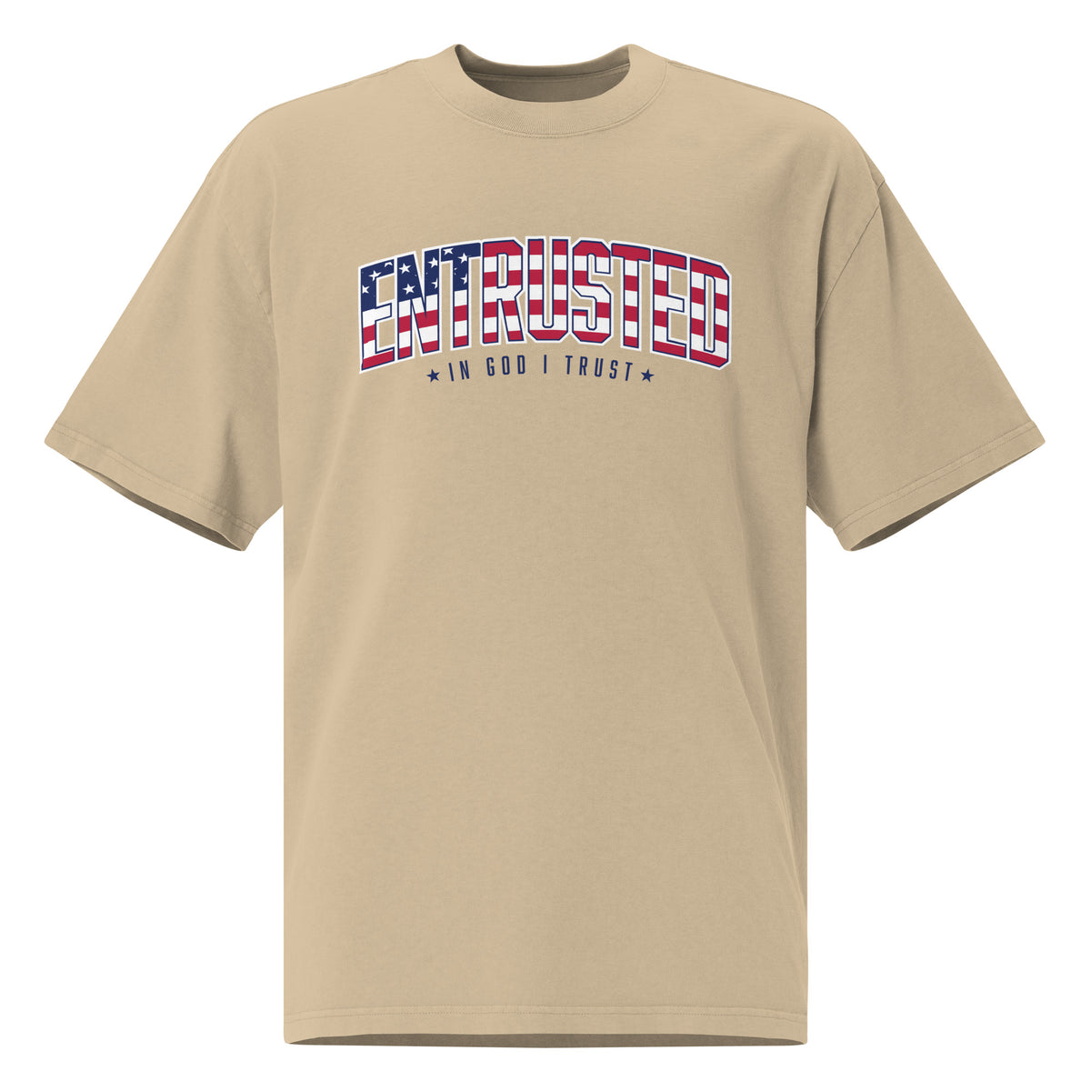 Entrusted Patriotic Oversized Faded T-shirt in Faded Khaki, front view with American flag In God I Trust design