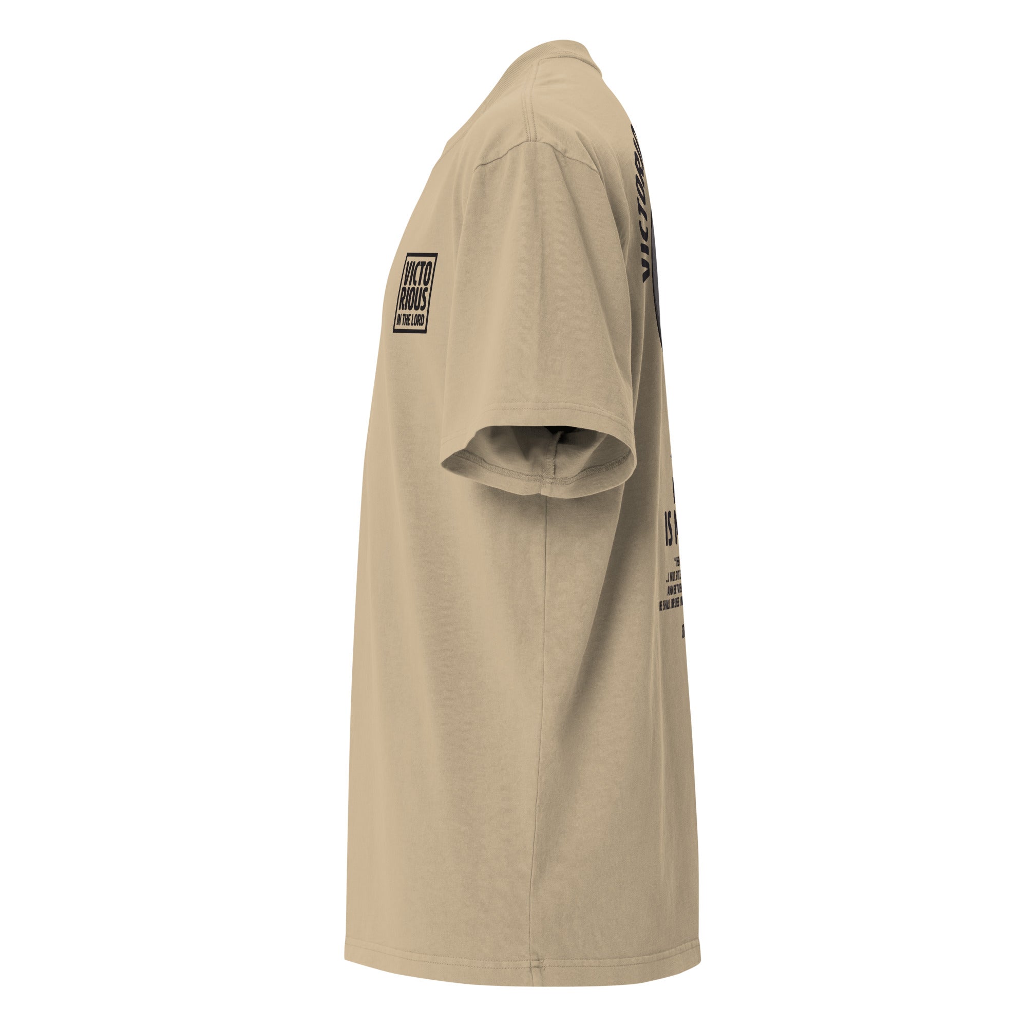 Image of Victorious Jesus t-shirt faded khaki left front view — Entrusted to Him