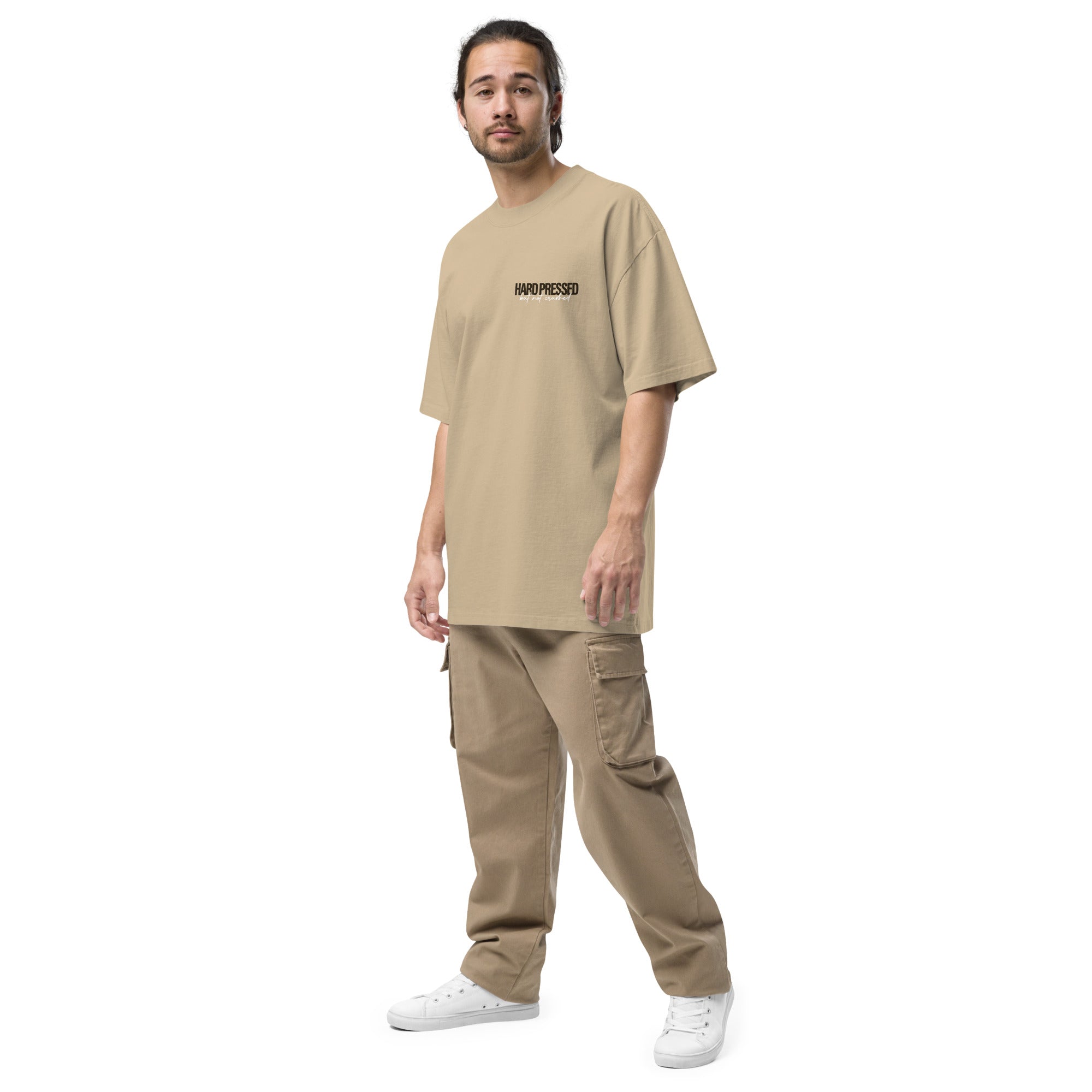 Image of Hard Pressed oversized Jesus shirt faded khaki left front view — Entrusted to Him