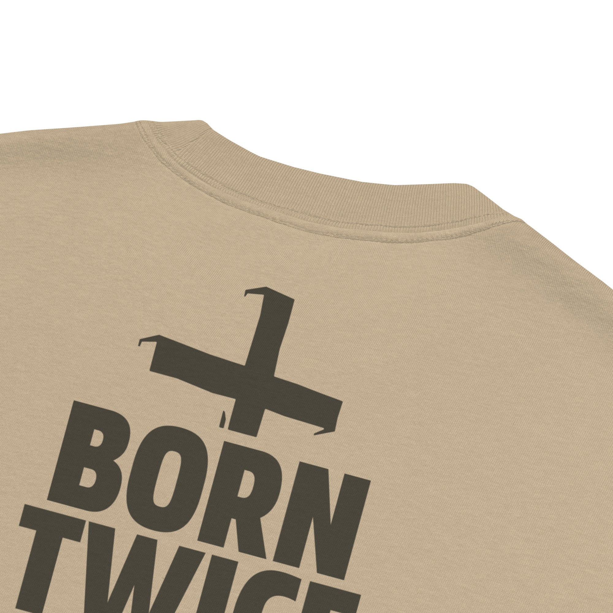 Image of Born Twice Christian apparel faded khaki close-up detail — Entrusted to Him