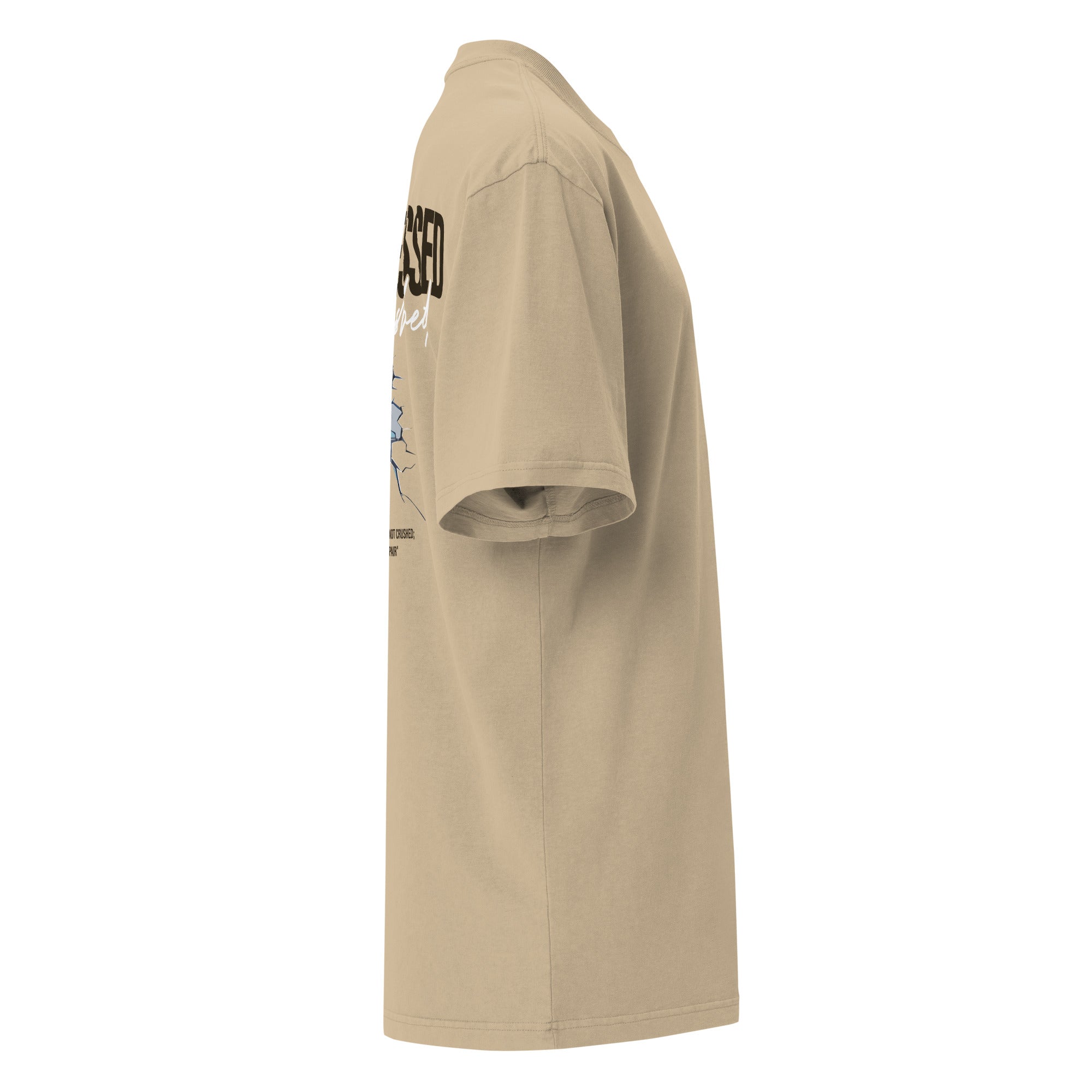 Image of Hard Pressed Christian graphic tee faded khaki right side view — Entrusted to Him