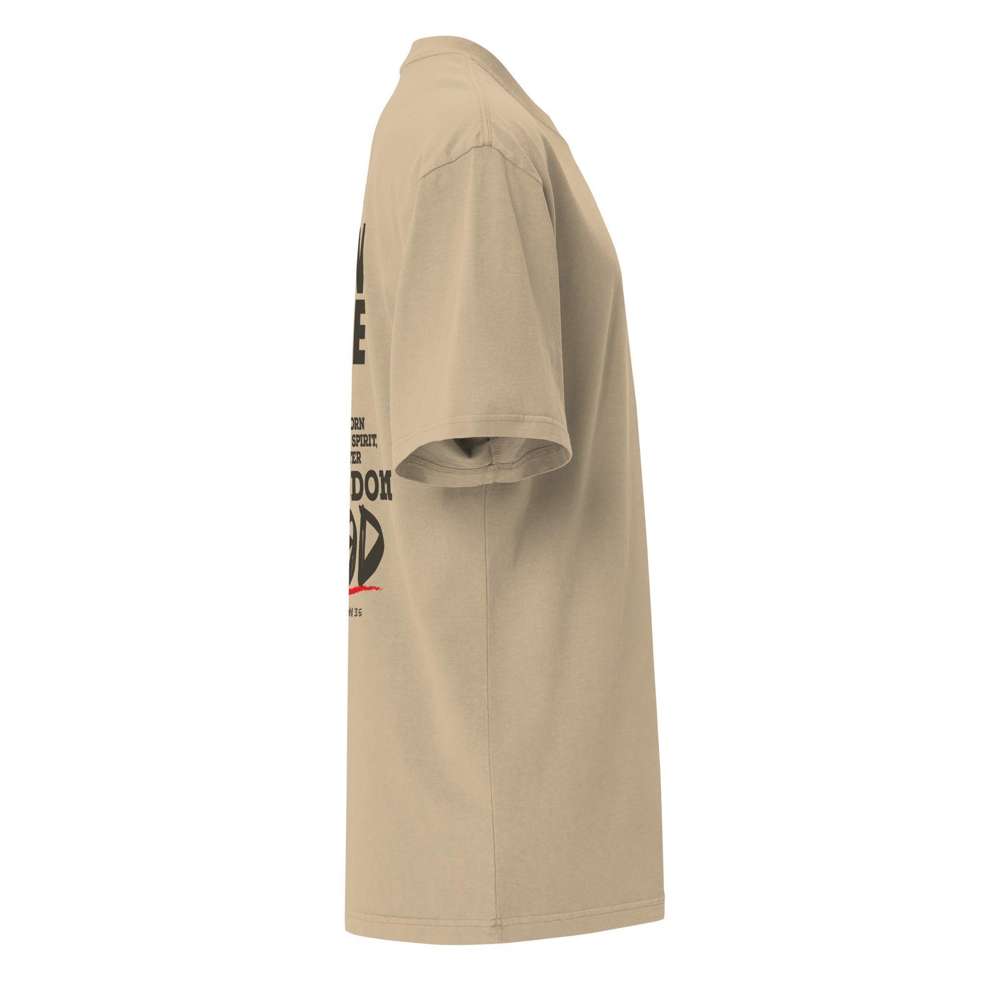 Image of Born Twice Jesus shirt faded khaki right side view — Entrusted to Him