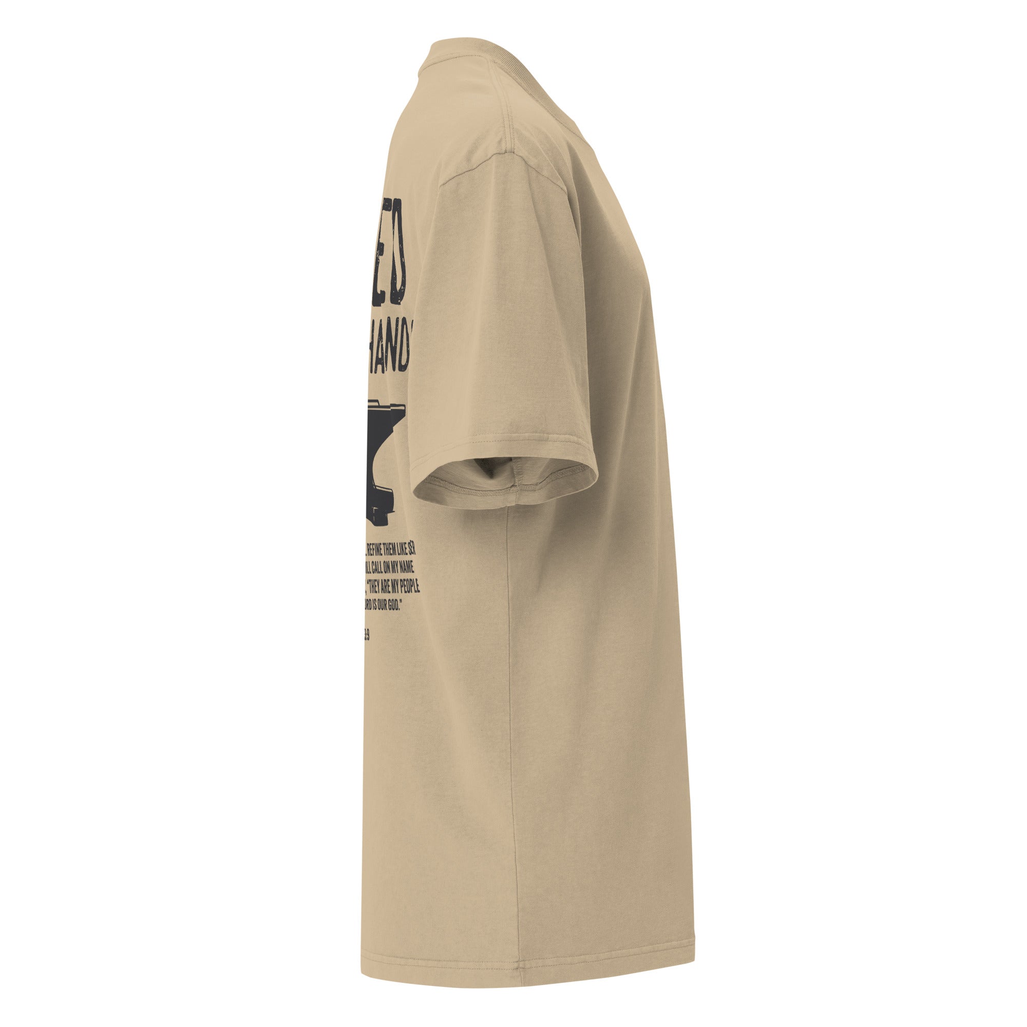 Image of Forged in His Hands Christian t-shirt faded khaki right side view — Entrusted to Him
