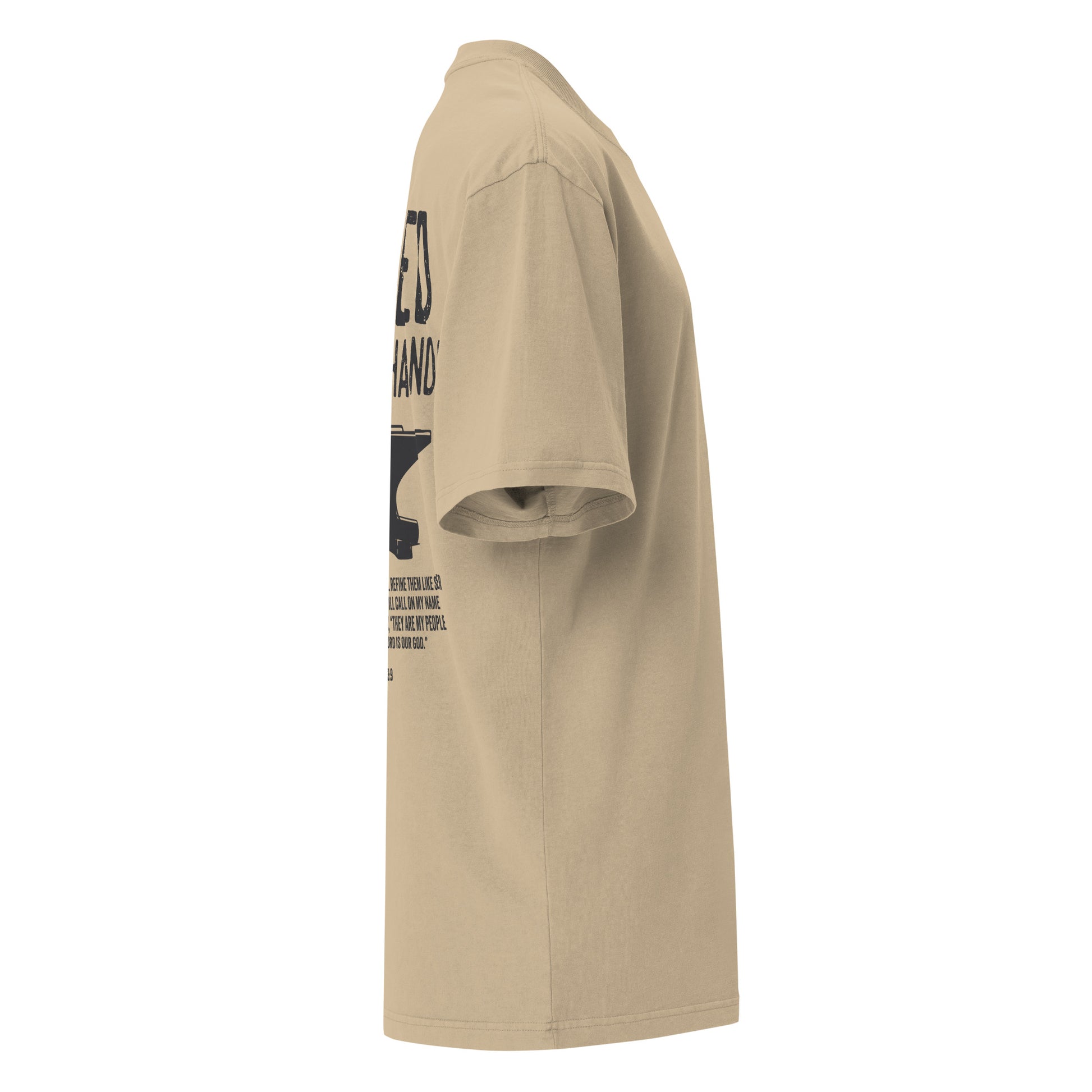 Forged in His Hands Christian t-shirt faded khaki right side view — Entrusted to Him