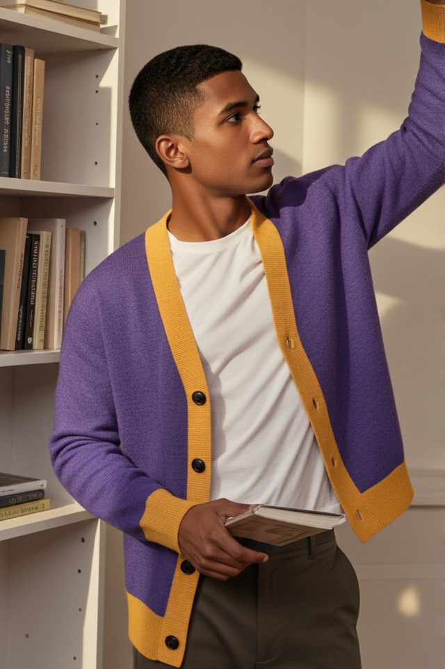 Image of Man wearing the Sovereign Jacquard Knitted Cardigan in purple with mustard gold trim over a white shirt, posed next to a bookshelf