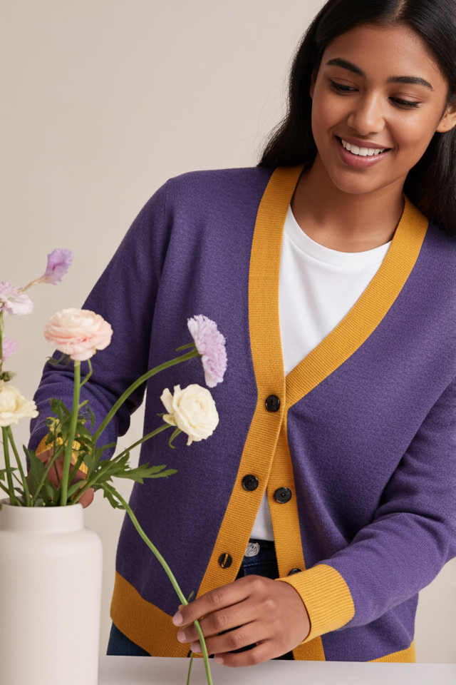 Woman smiling while wearing the Sovereign Jacquard Knitted Cardigan in purple with mustard gold trim over a white shirt, holding flowers indoors