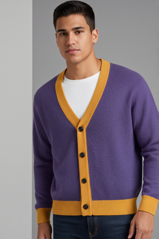 Image of Man modeling the Sovereign Jacquard Knitted Cardigan in purple with mustard gold V-neck and hem trim over a white shirt and jeans, against a gray background
