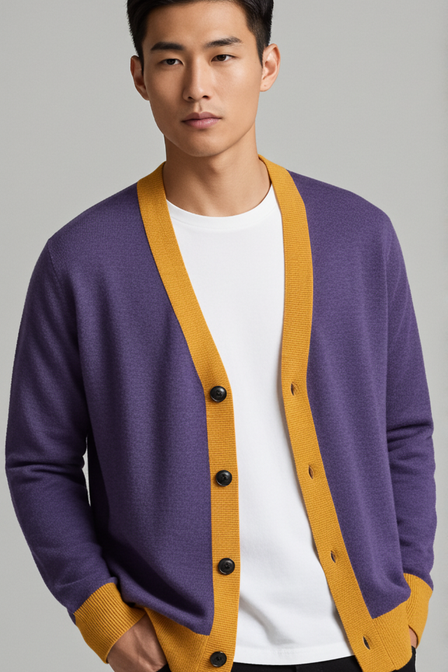 Image of Man modeling the Sovereign Jacquard Knitted Cardigan in purple with mustard gold trim and dark buttons over a white shirt, front view on a gray background