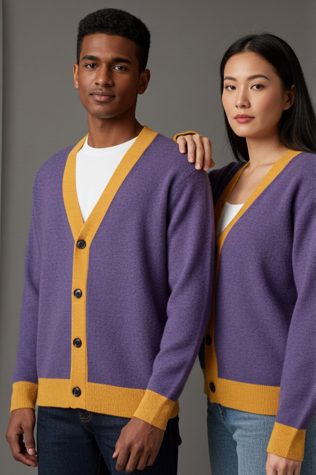 Man and woman both wearing the Sovereign Jacquard Knitted Cardigan in purple with mustard gold trim over white shirts and jeans, against a gray background