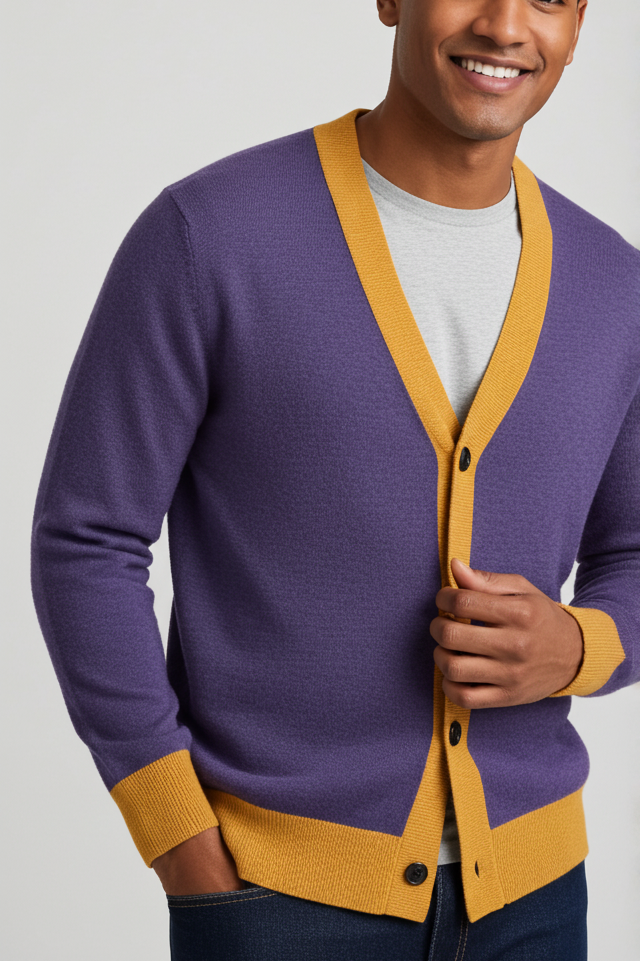 Image of Smiling man wearing the Sovereign Jacquard Knitted Cardigan in purple with mustard gold V-neckline and cuff trim, buttoned front detail close-up on a light gray background