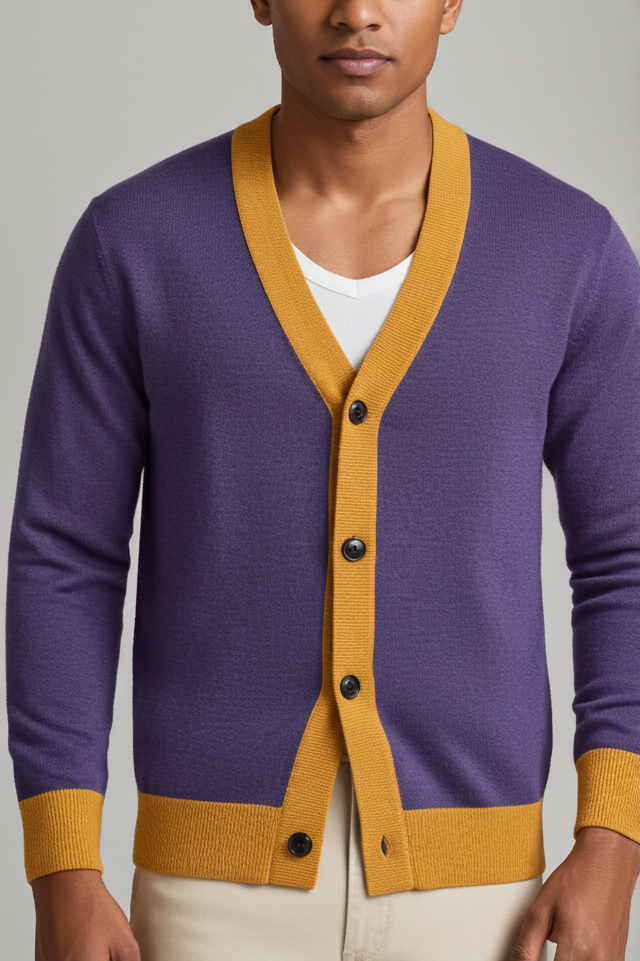 Image of Close-up front view of a man wearing the Sovereign Jacquard Knitted Cardigan in purple with mustard gold V-neckline and button placket, paired with cream trousers