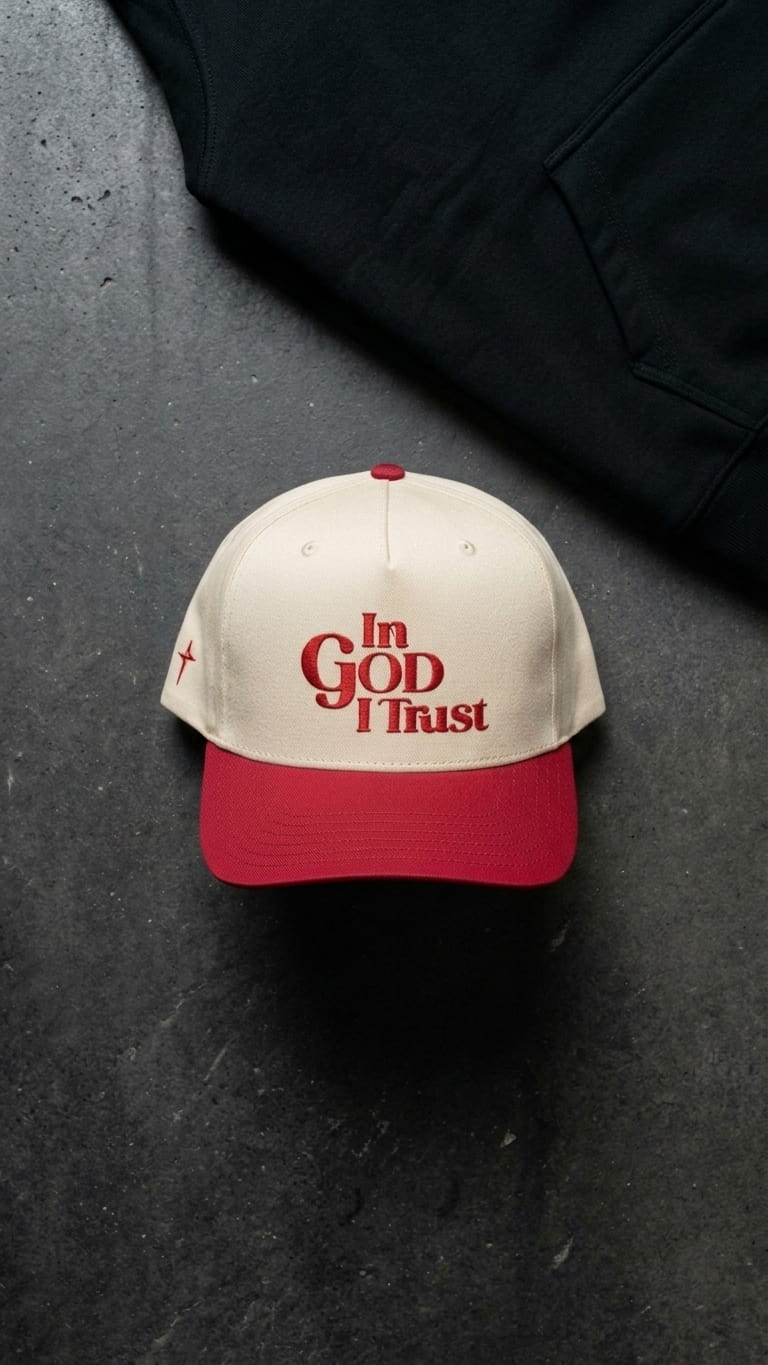 Cream In God I Trust cap with a red visor and red embroidery, on dark concrete beside a black hoodie