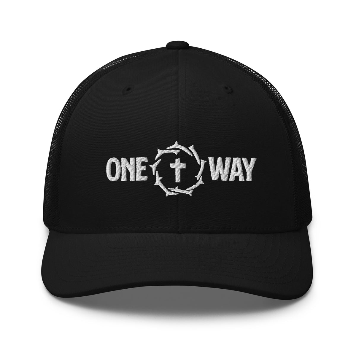 One Way embroidered trucker cap in black with cross and crown of thorns design, front view