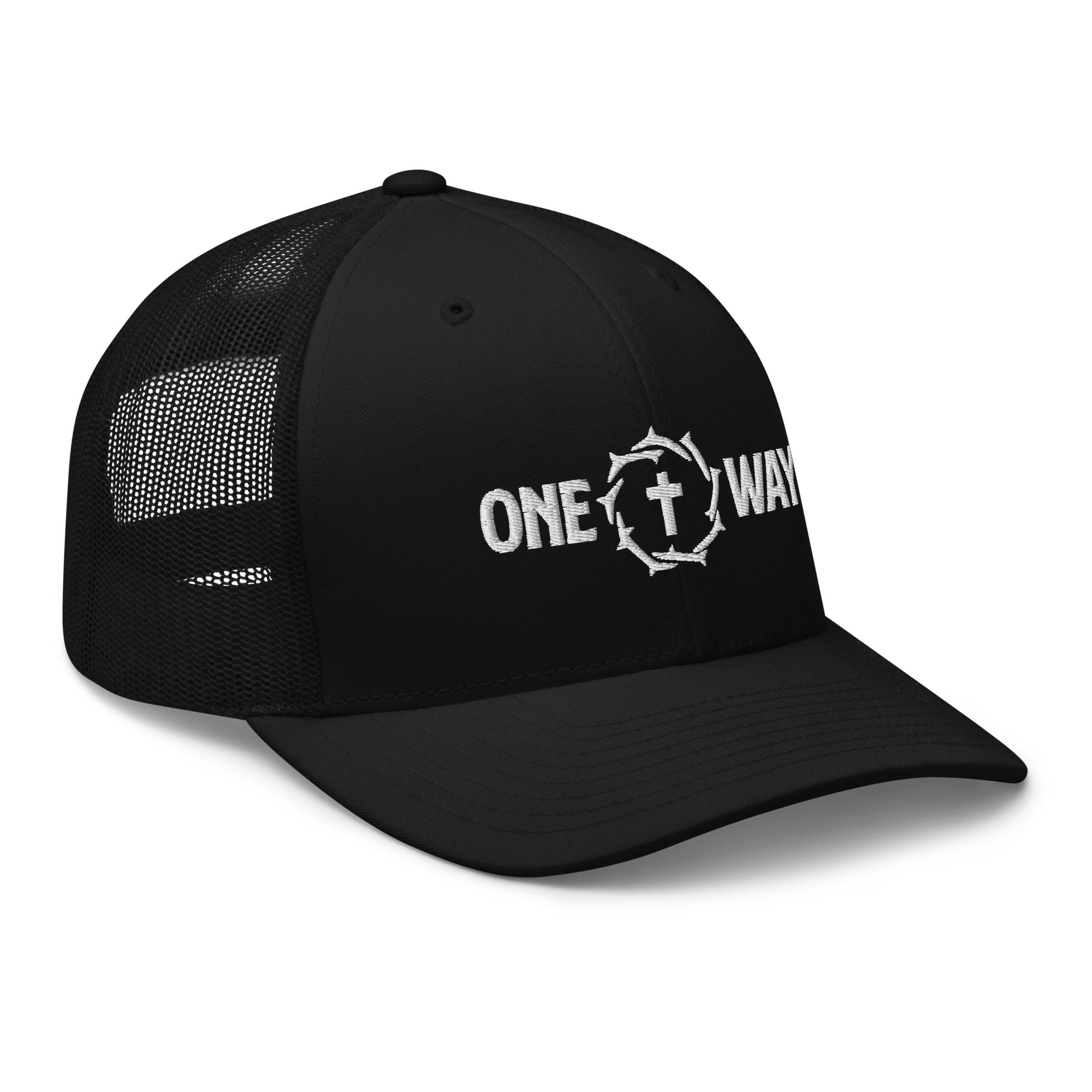 Image of One Way embroidered trucker cap in black with cross and crown of thorns design, angled front view