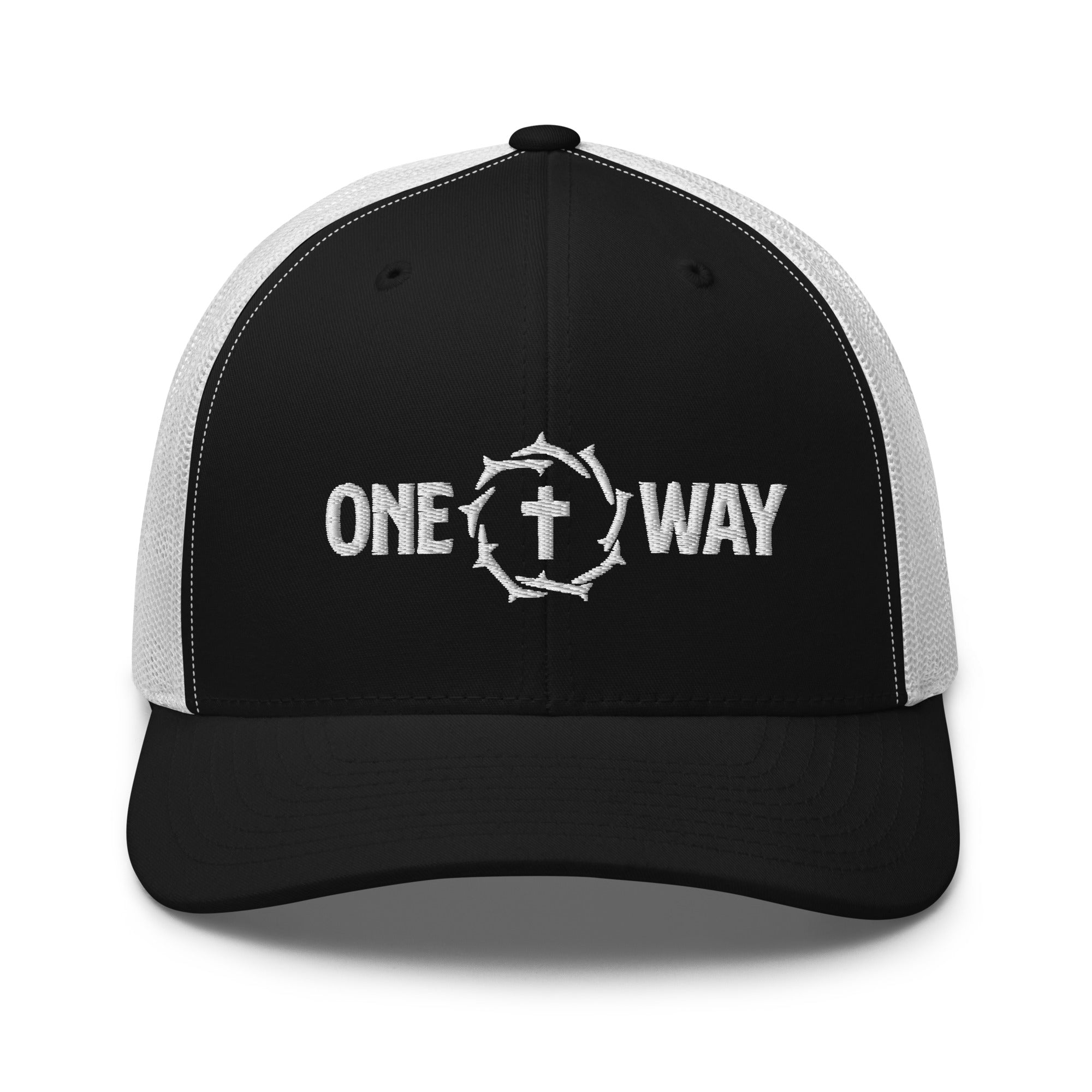 Image of One Way embroidered trucker cap in black with white mesh, showing the cross and crown of thorns design, front view