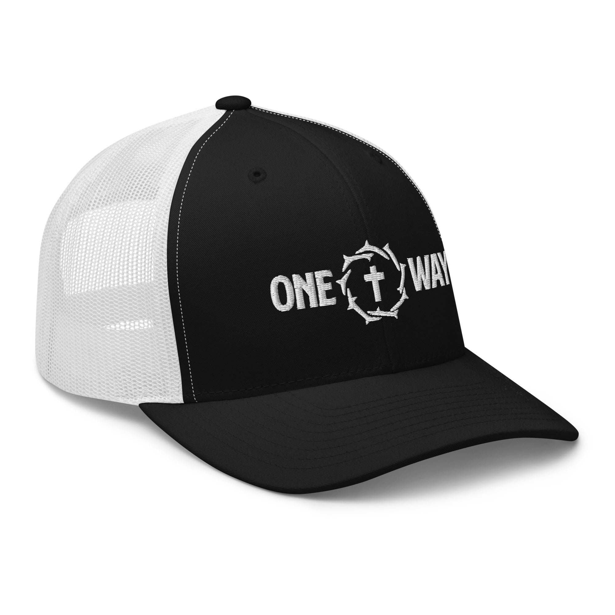 Image of One Way embroidered trucker cap in black with white mesh, showing the cross and crown of thorns design, angled front view