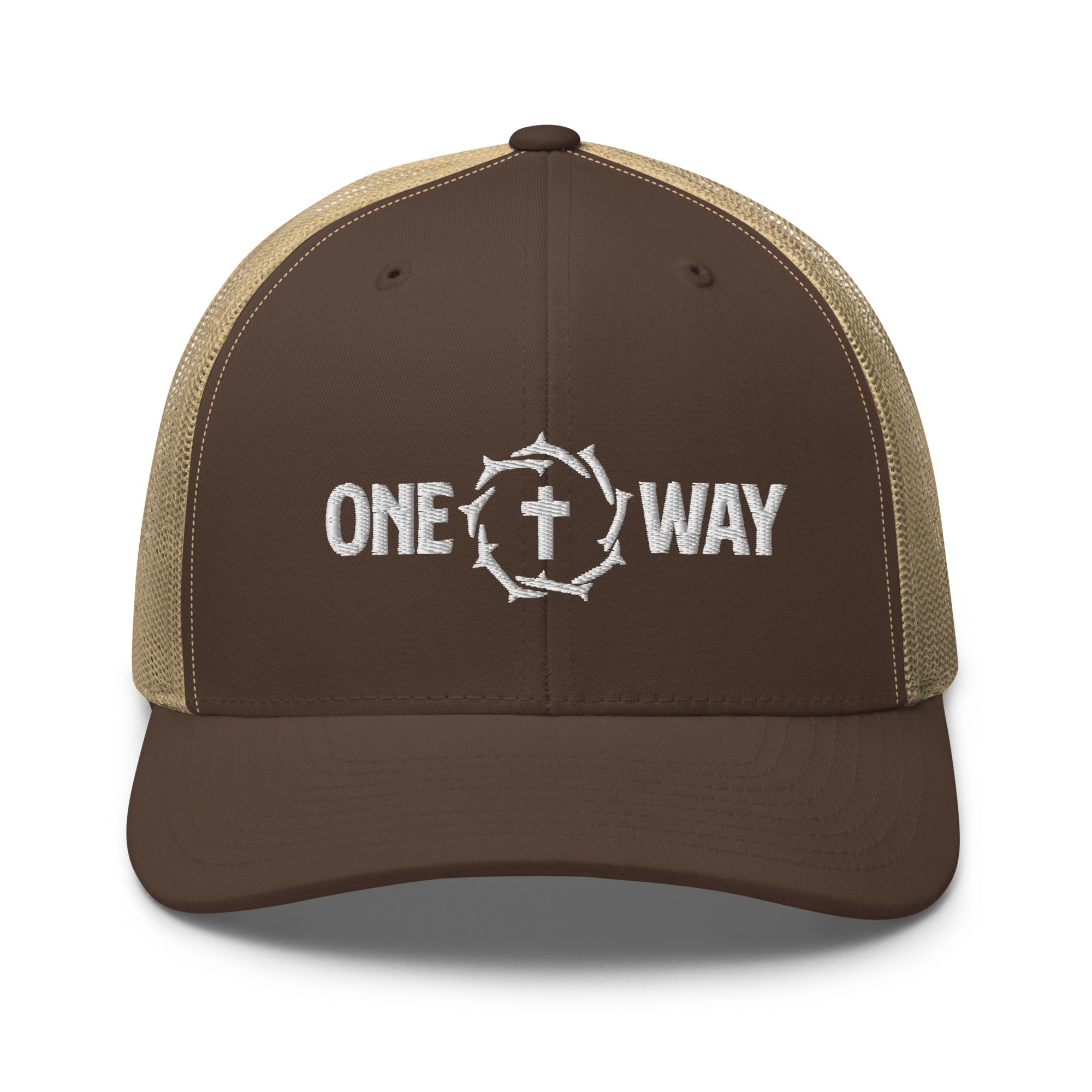 Image of One Way embroidered trucker cap in brown with khaki mesh, showing the cross and crown of thorns design, front view