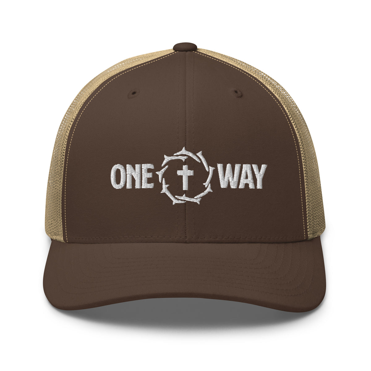 One Way embroidered trucker cap in brown with khaki mesh, showing the cross and crown of thorns design, front view