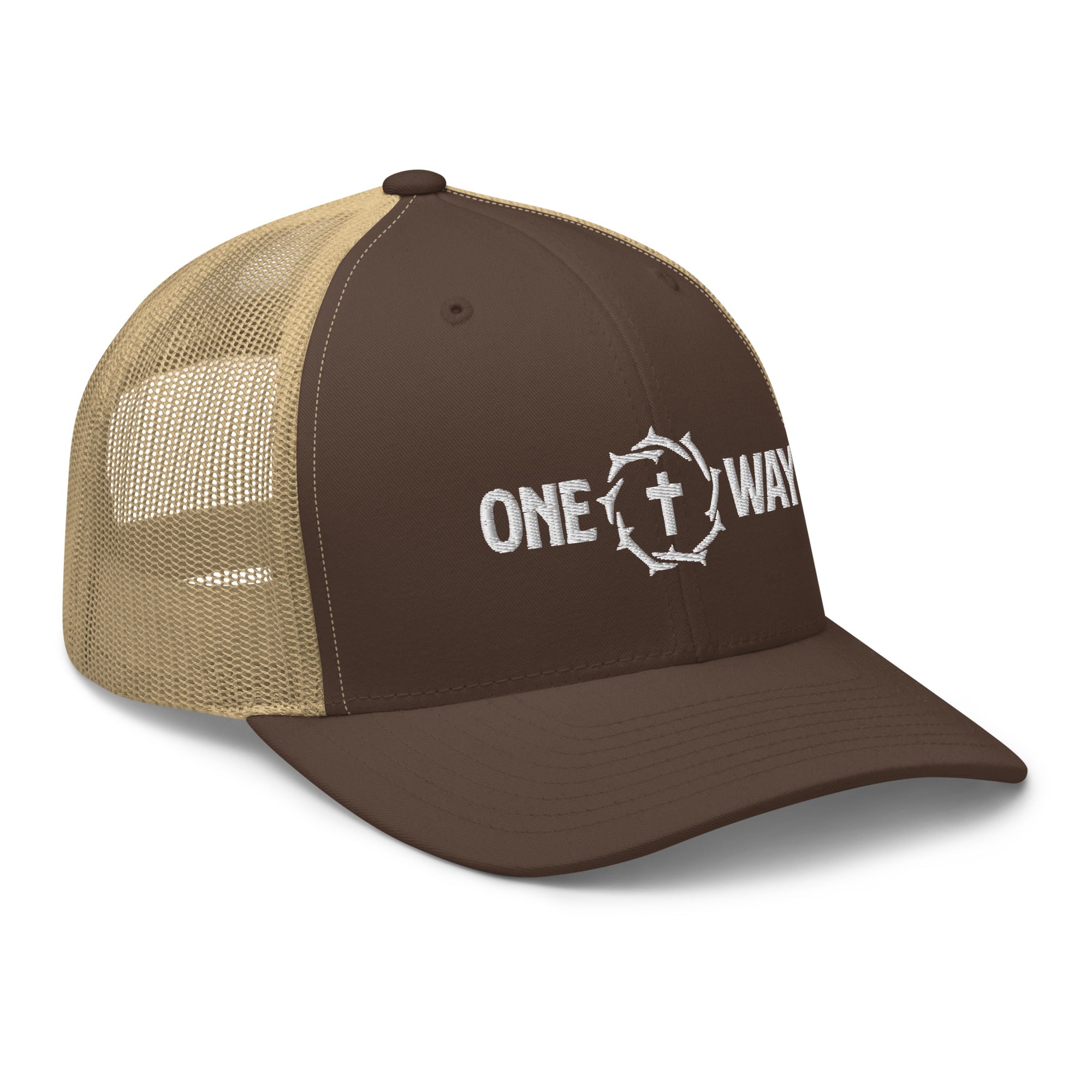 Image of One Way embroidered trucker cap in brown with khaki mesh, showing the cross and crown of thorns design, angled front view