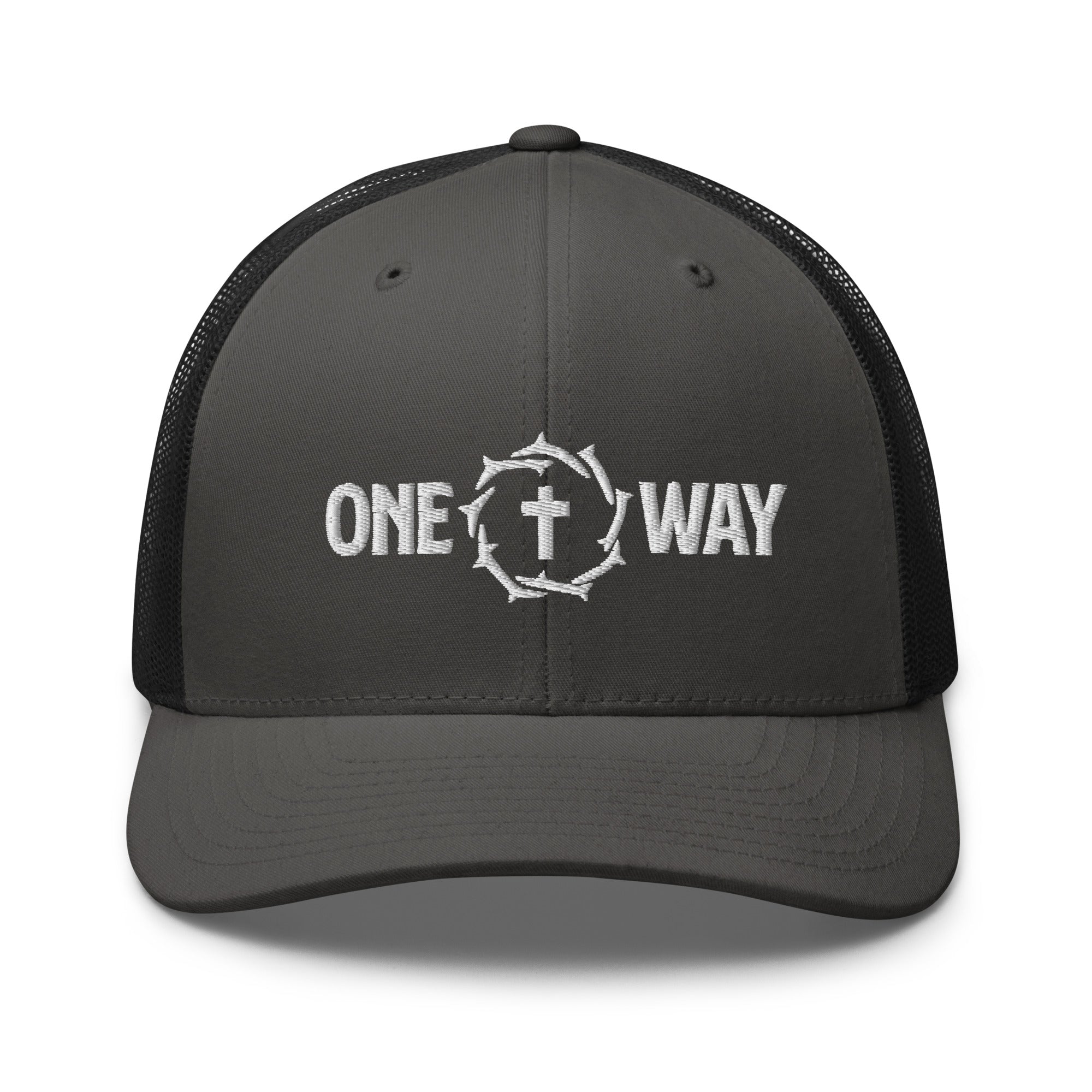 Image of One Way embroidered trucker cap in charcoal gray with black mesh, showing the cross and crown of thorns design, front view