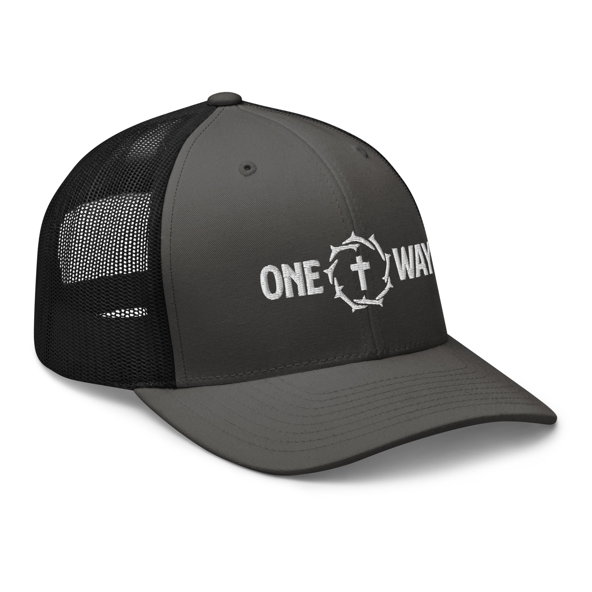 Image of One Way embroidered trucker cap in charcoal gray with black mesh, showing the cross and crown of thorns design, angled front view