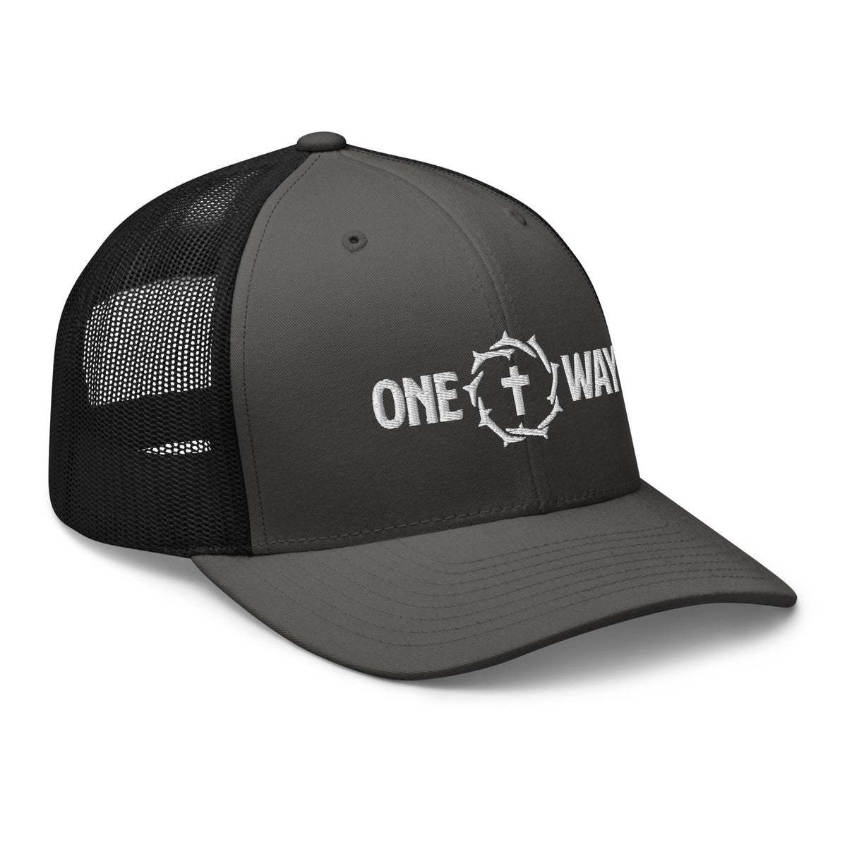 One Way embroidered trucker cap in charcoal gray with black mesh, showing the cross and crown of thorns design, angled front view