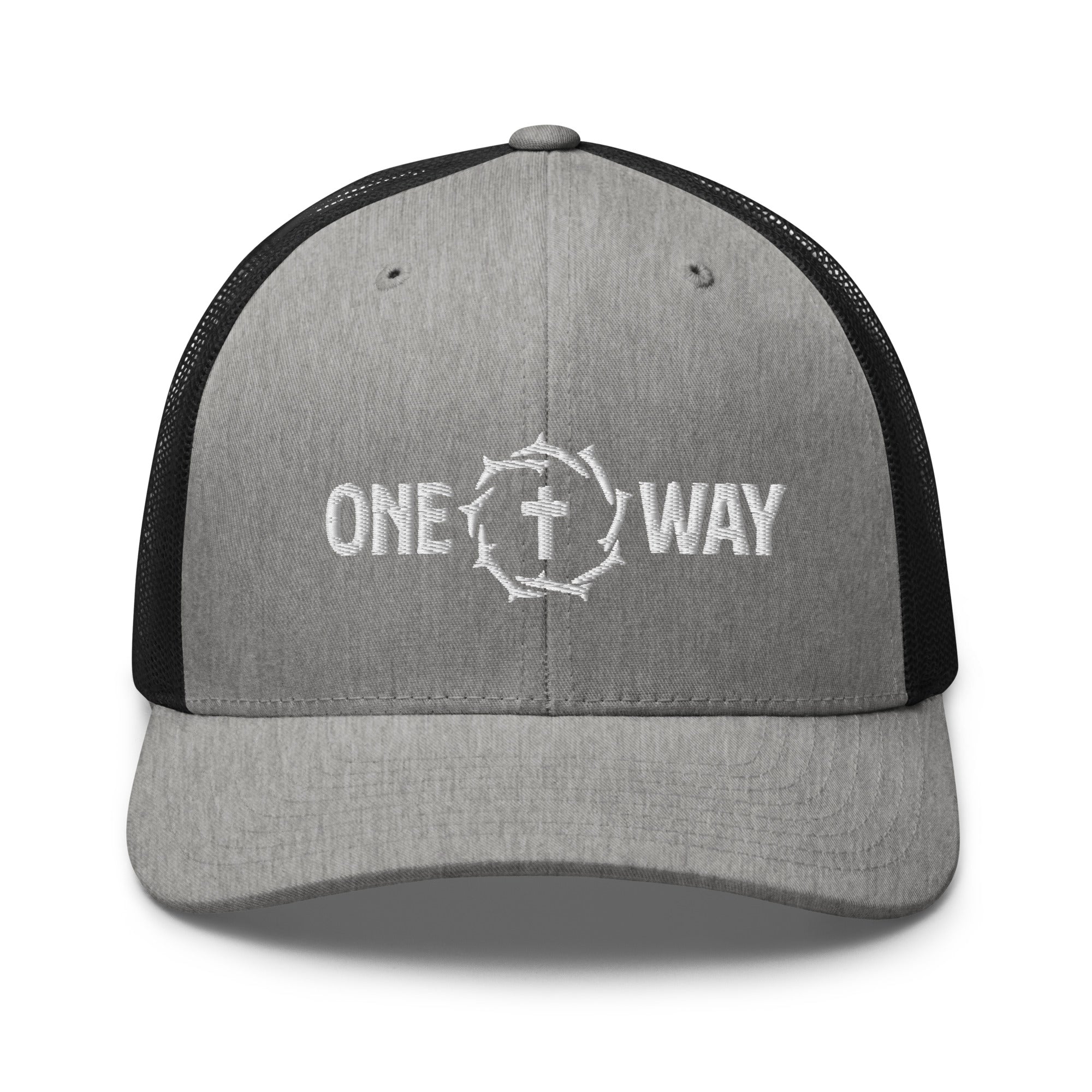 Image of One Way embroidered trucker cap in heather gray with black mesh, showing the cross and crown of thorns design, front view