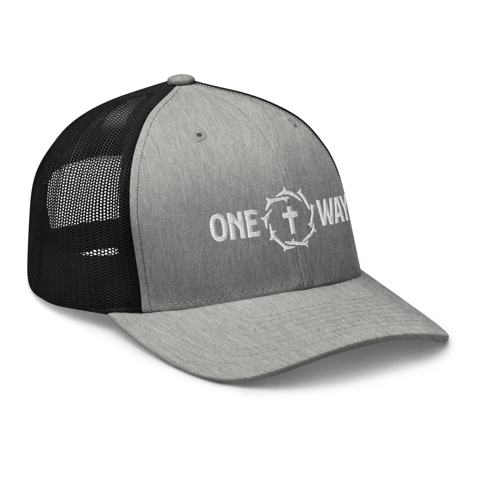 Image of One Way embroidered trucker cap in heather gray with black mesh, showing the cross and crown of thorns design, angled front view