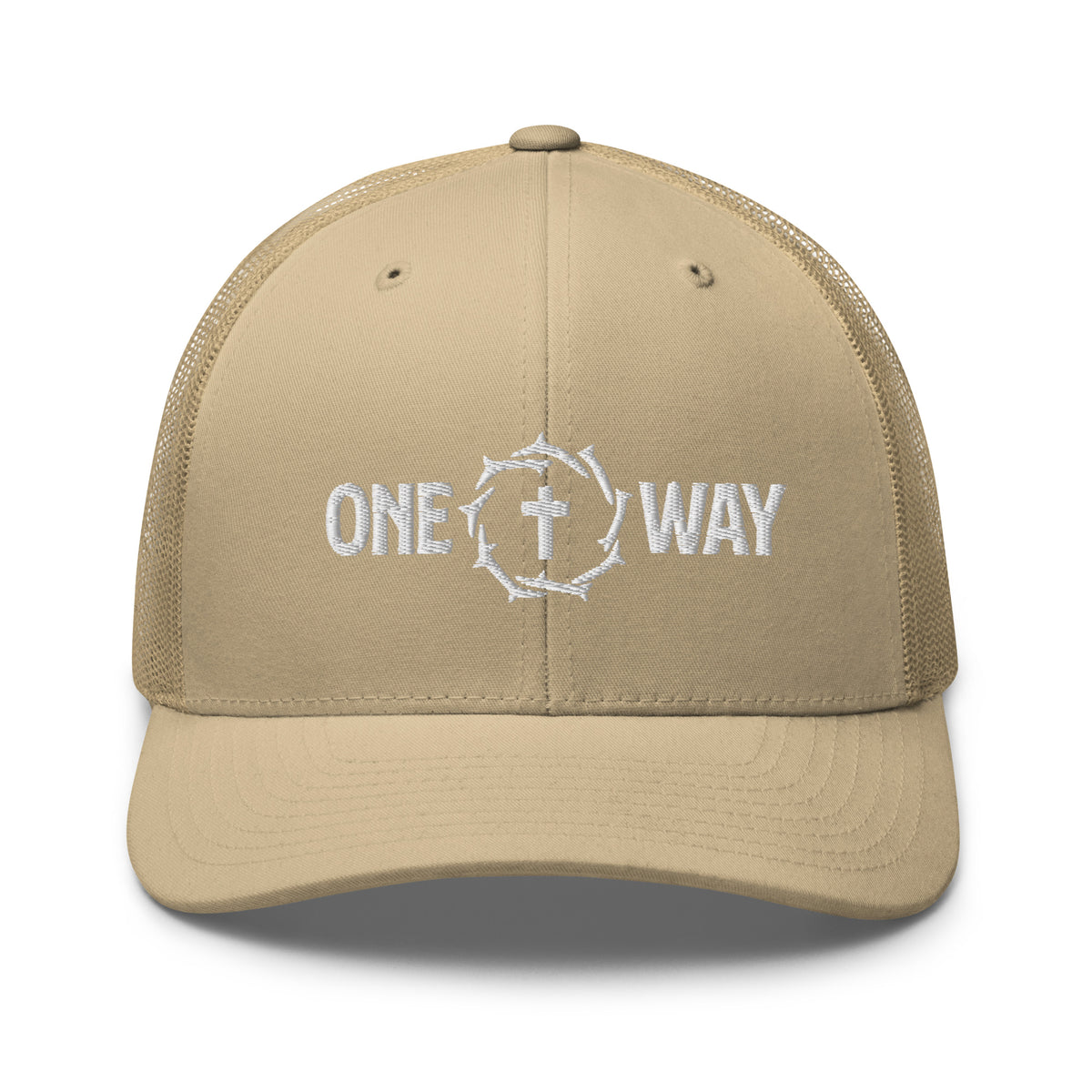 One Way embroidered trucker cap in khaki with cross and crown of thorns design, front view