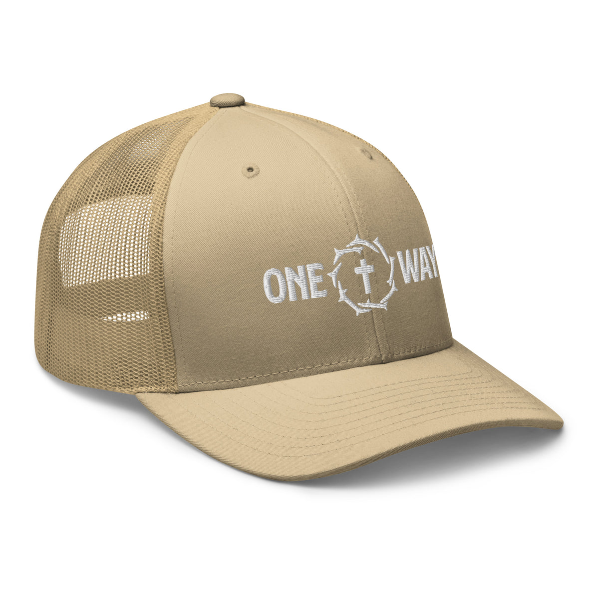 One Way embroidered trucker cap in khaki with cross and crown of thorns design, angled front view
