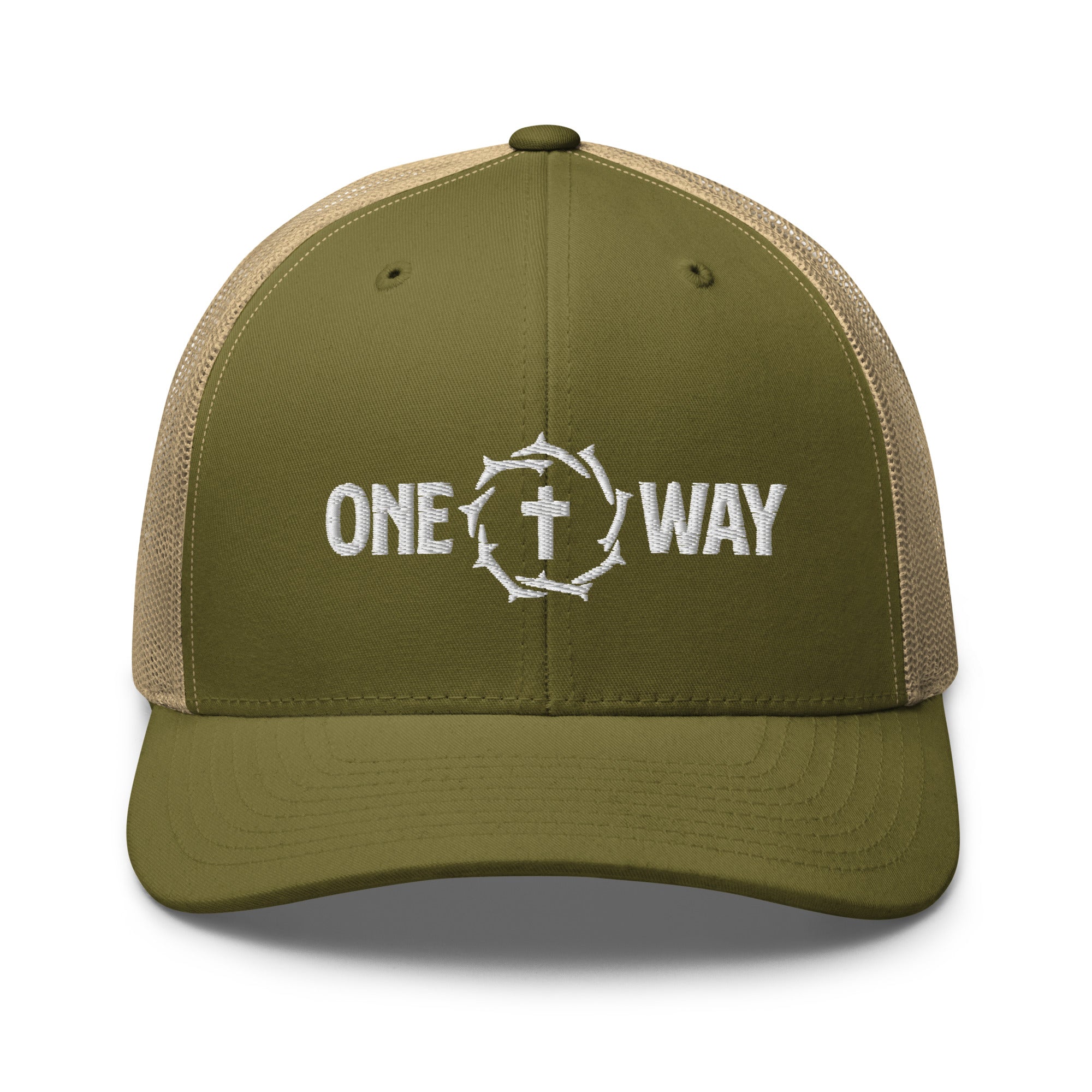 Image of One Way embroidered trucker cap in moss green with khaki mesh, showing the cross and crown of thorns design, front view