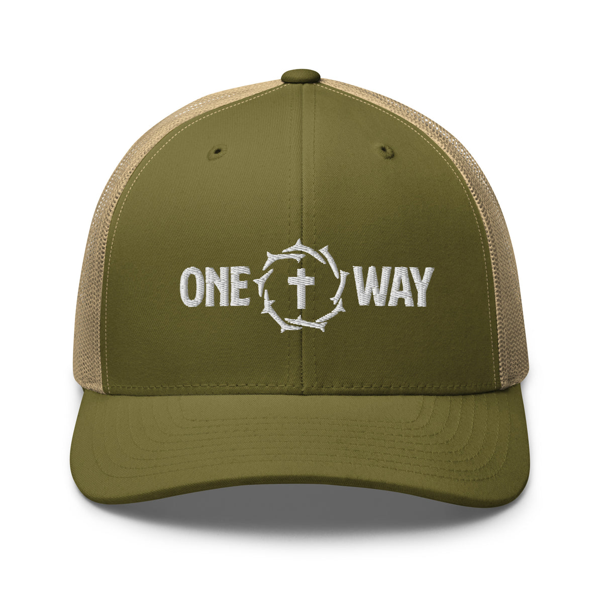 One Way embroidered trucker cap in moss green with khaki mesh, showing the cross and crown of thorns design, front view