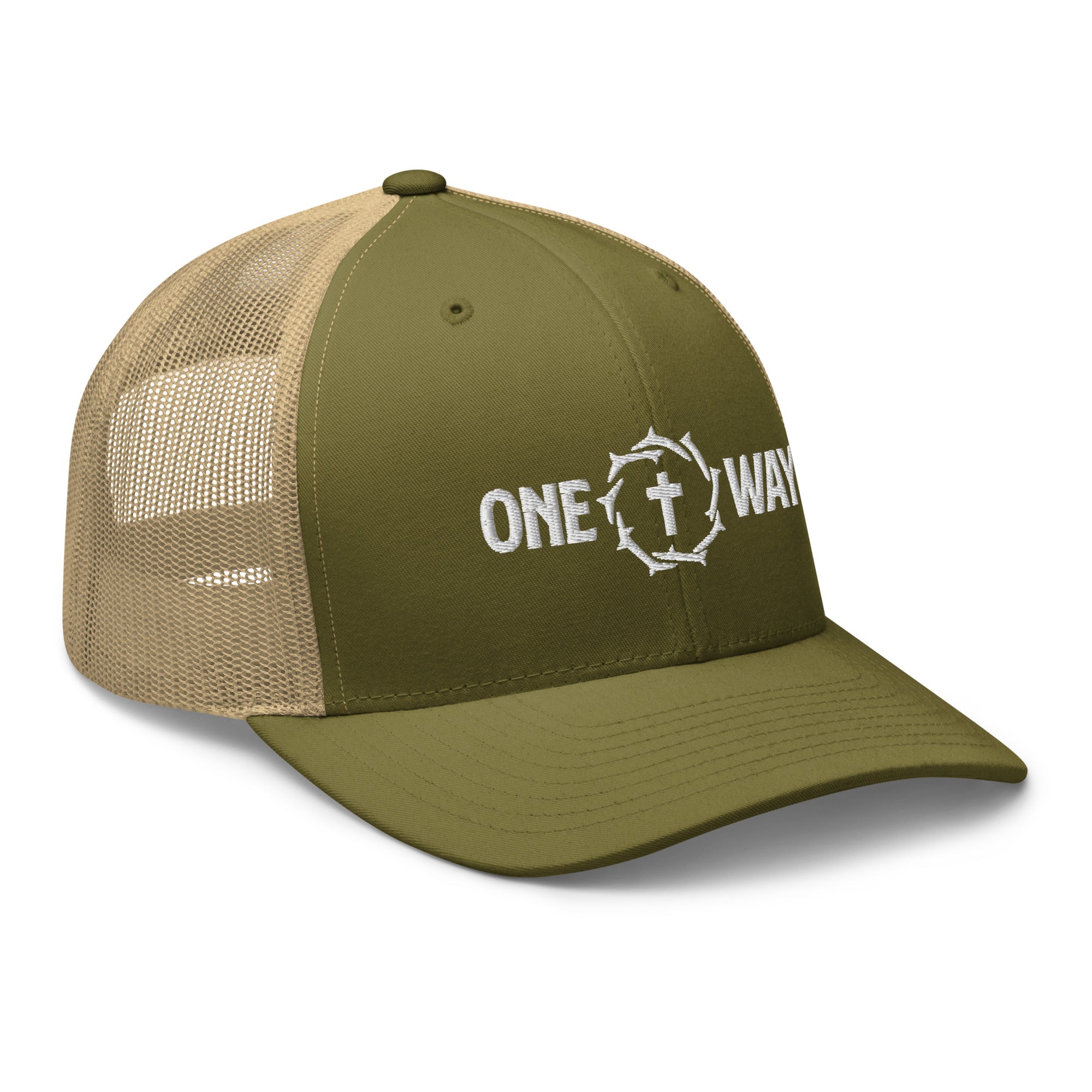 Image of One Way embroidered trucker cap in moss green with khaki mesh, showing the cross and crown of thorns design, angled front view