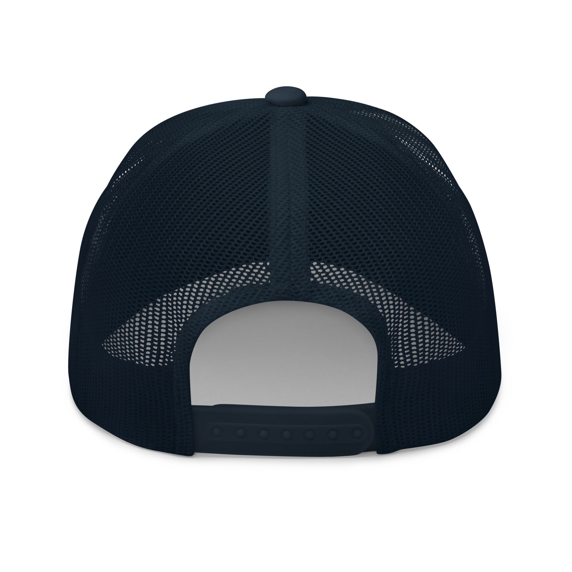 Image of One Way embroidered trucker cap in navy, back view