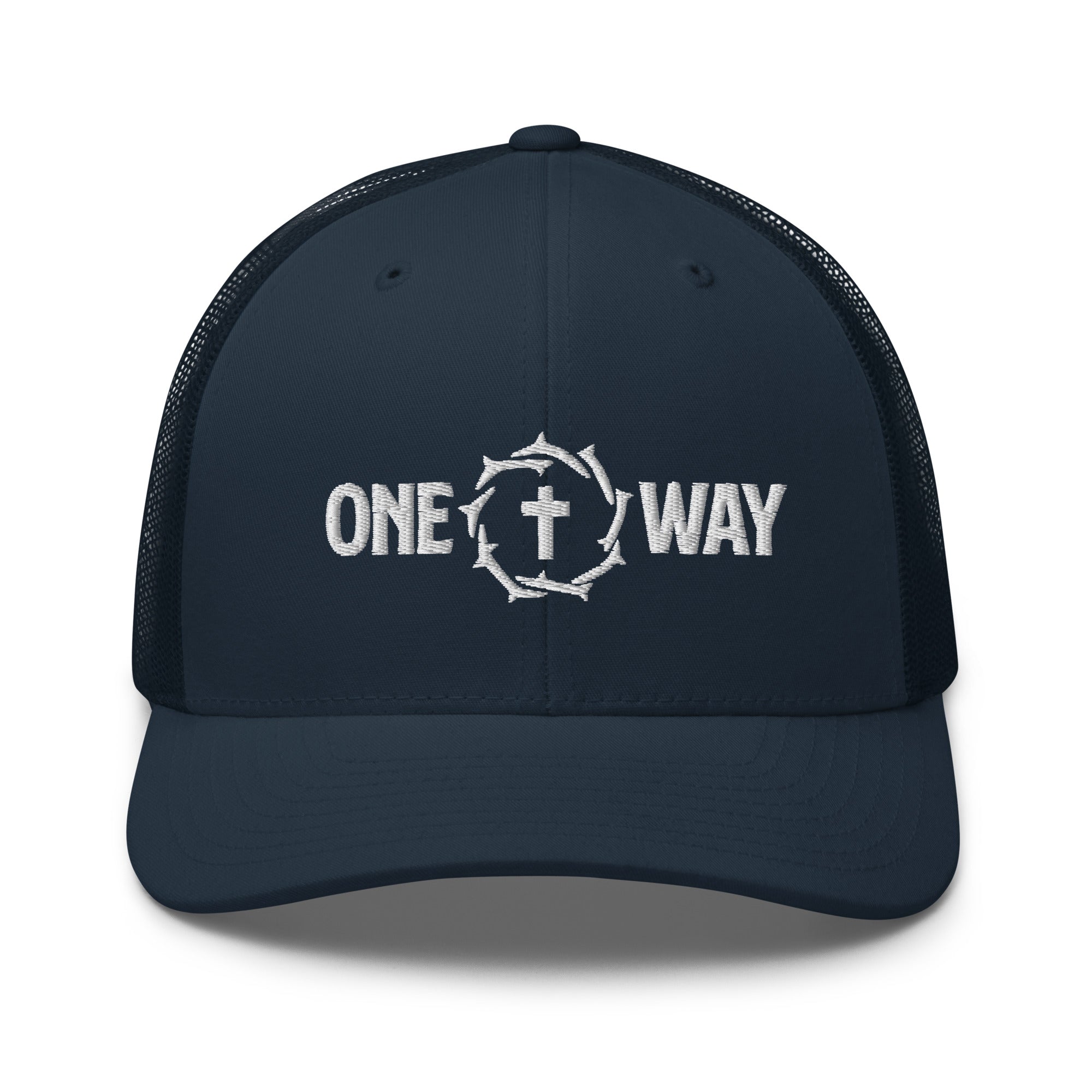 Image of One Way embroidered trucker cap in navy with cross and crown of thorns design, front view
