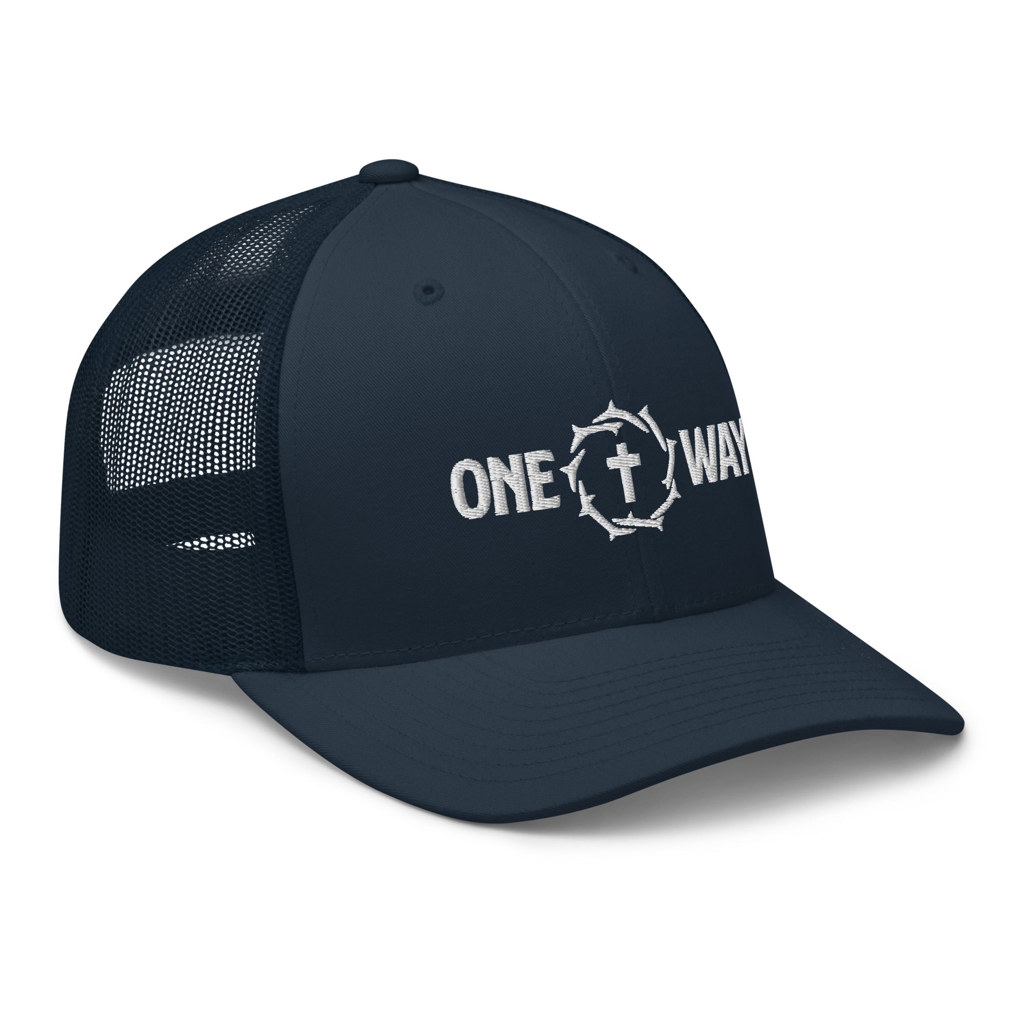 Image of One Way embroidered trucker cap in navy with cross and crown of thorns design, angled front view