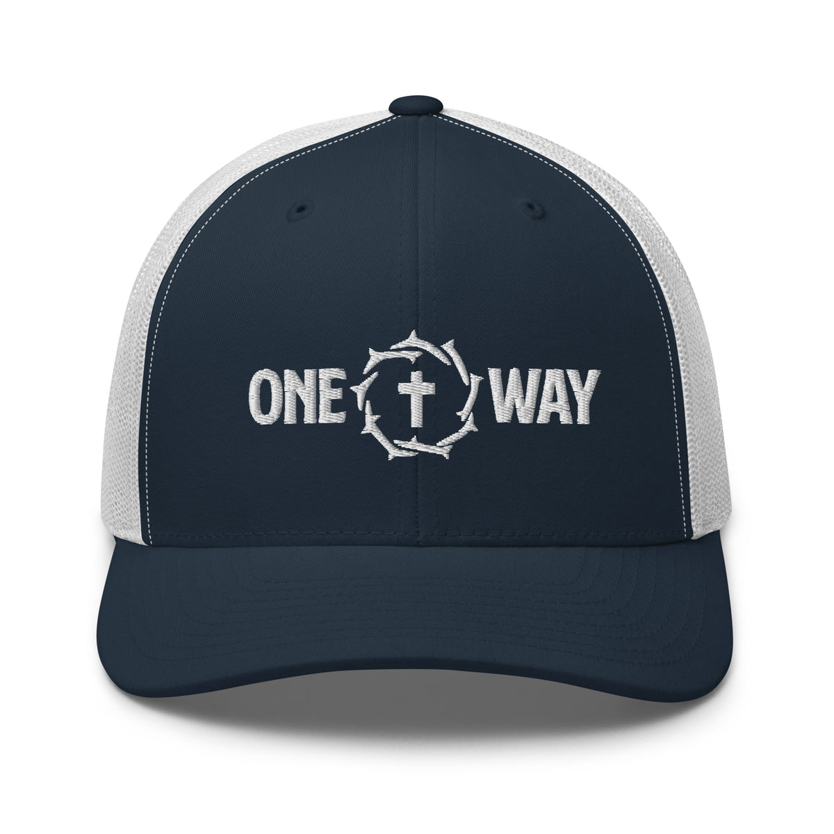 One Way embroidered trucker cap in navy with white mesh, showing the cross and crown of thorns design, front view
