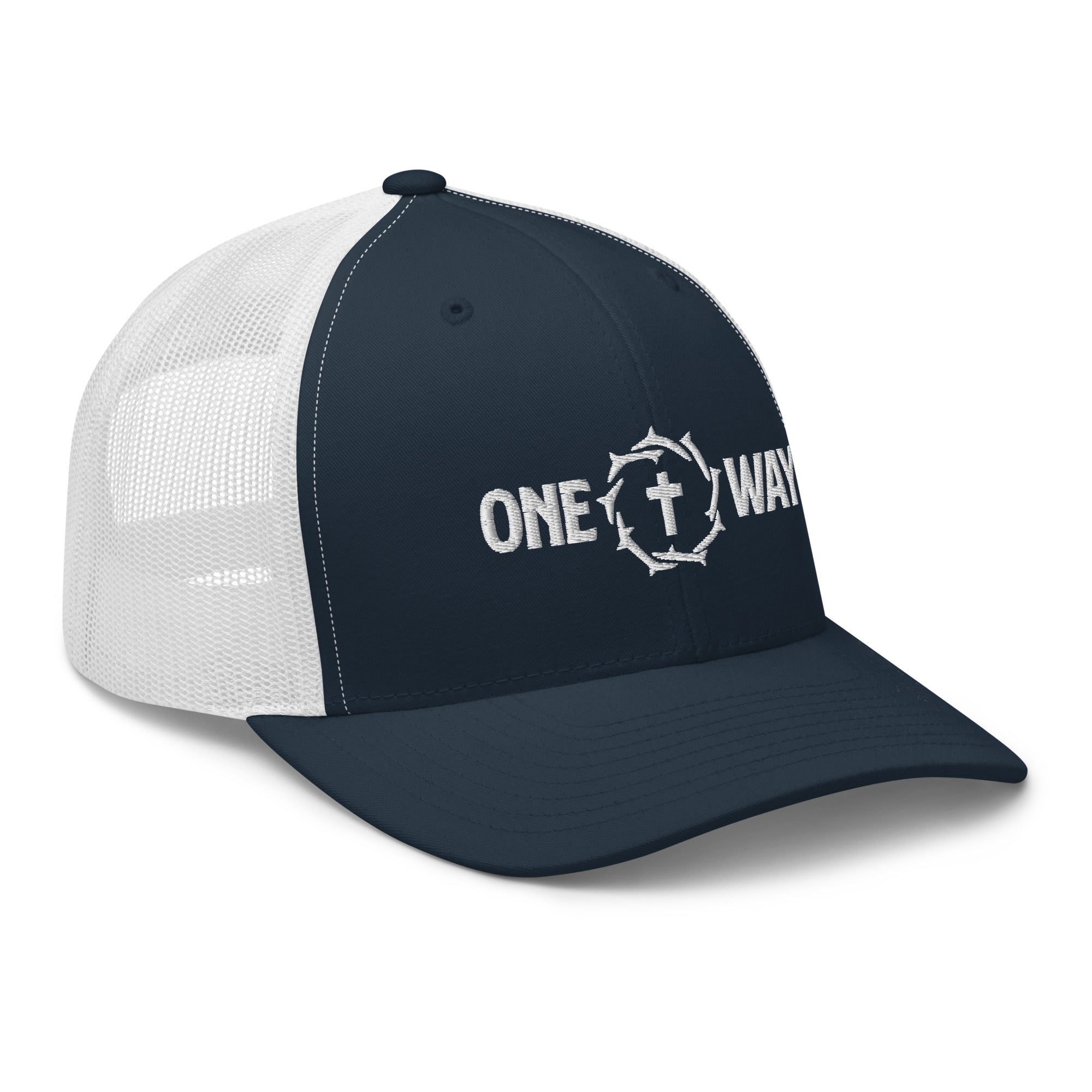 Image of One Way embroidered trucker cap in navy with white mesh, showing the cross and crown of thorns design, angled front view