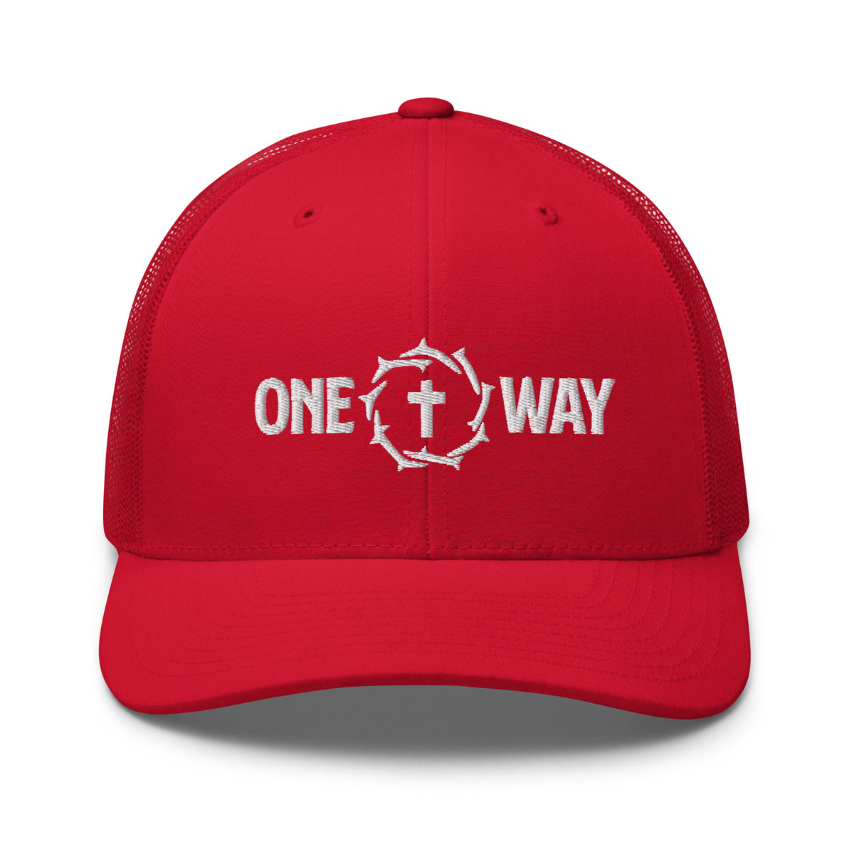 One Way embroidered trucker cap in red with cross and crown of thorns design, front view