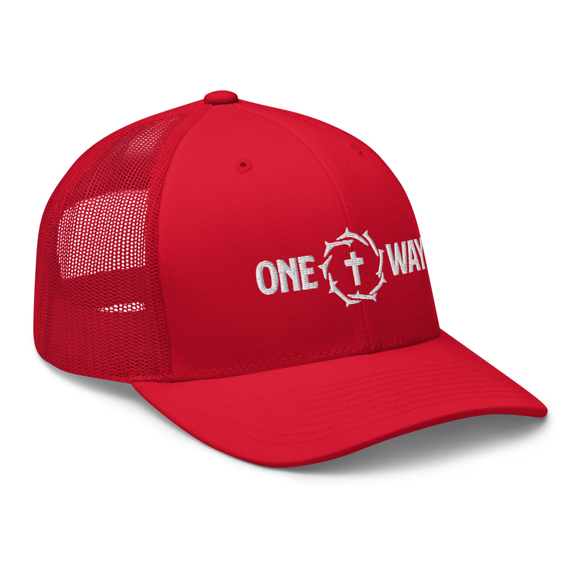 One Way embroidered trucker cap in red with cross and crown of thorns design, angled front view