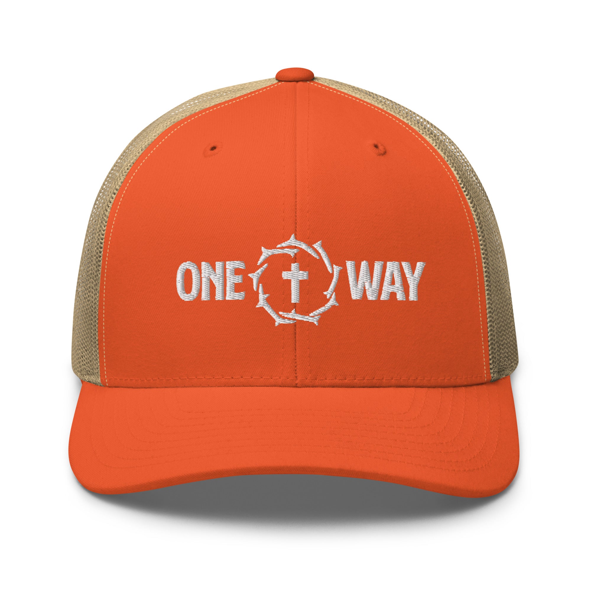 Image of One Way embroidered trucker cap in rustic orange with khaki mesh, showing the cross and crown of thorns design, front view