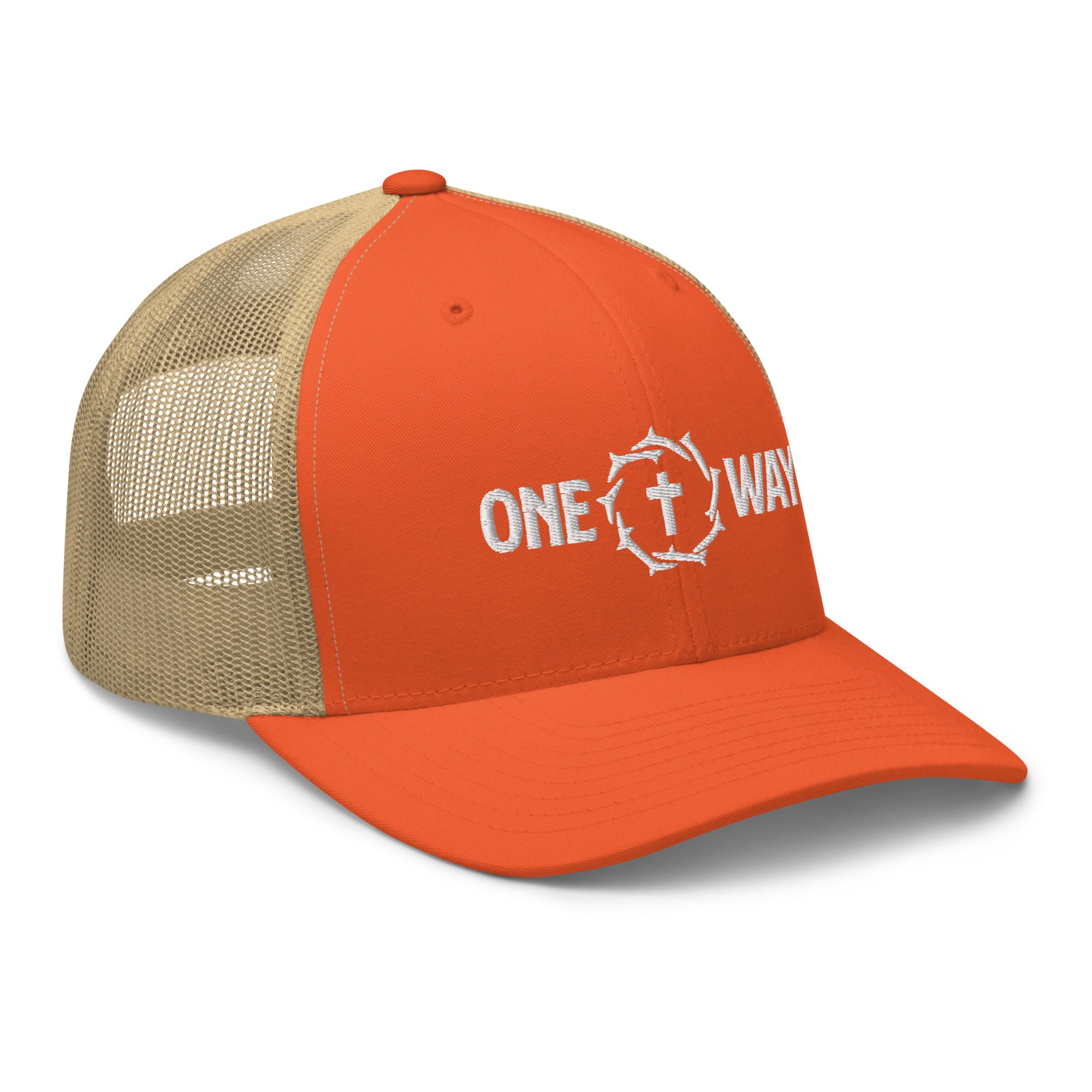 Image of One Way embroidered trucker cap in rustic orange with khaki mesh, showing the cross and crown of thorns design, angled front view
