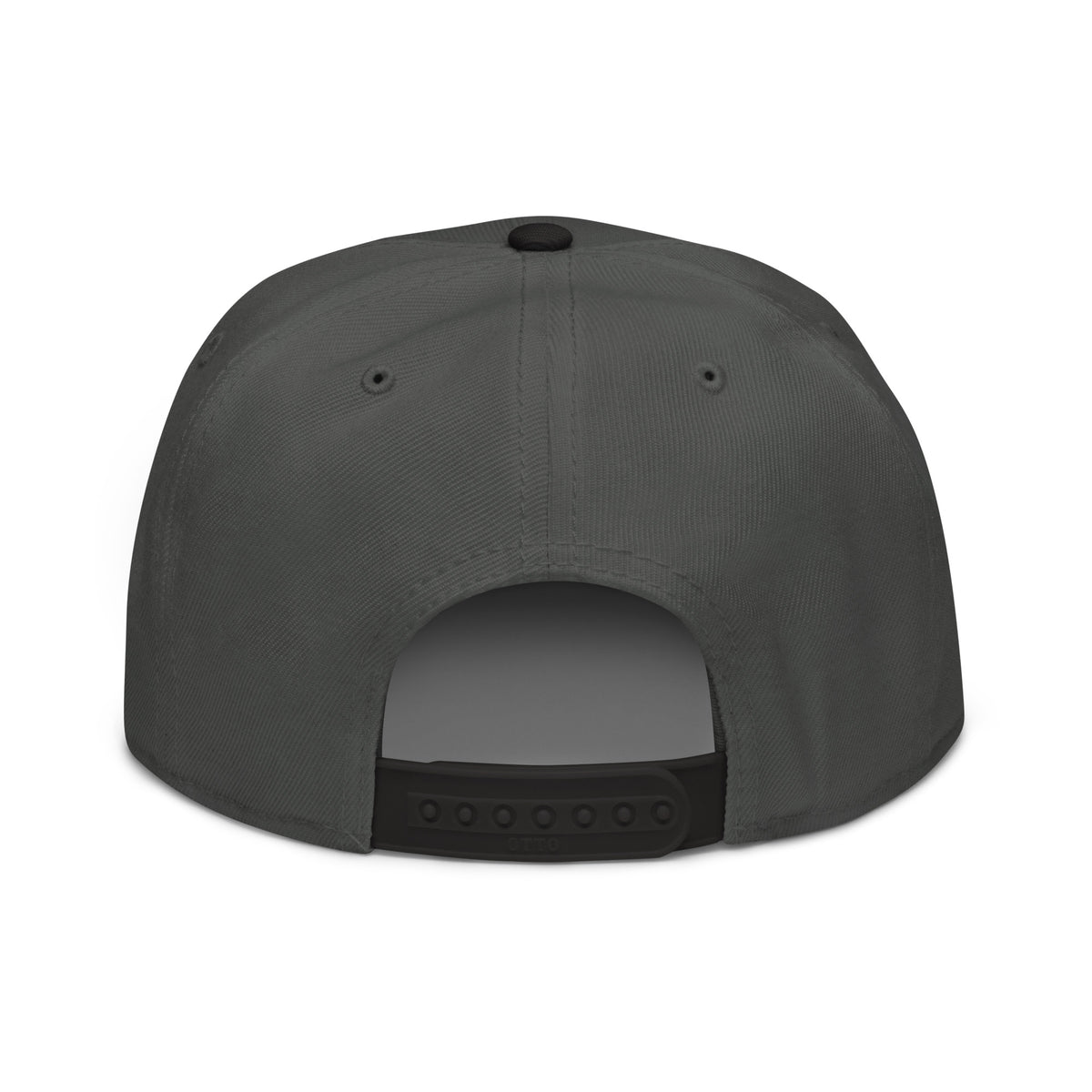 One Way embroidered snapback hat in charcoal gray with black visor, back view