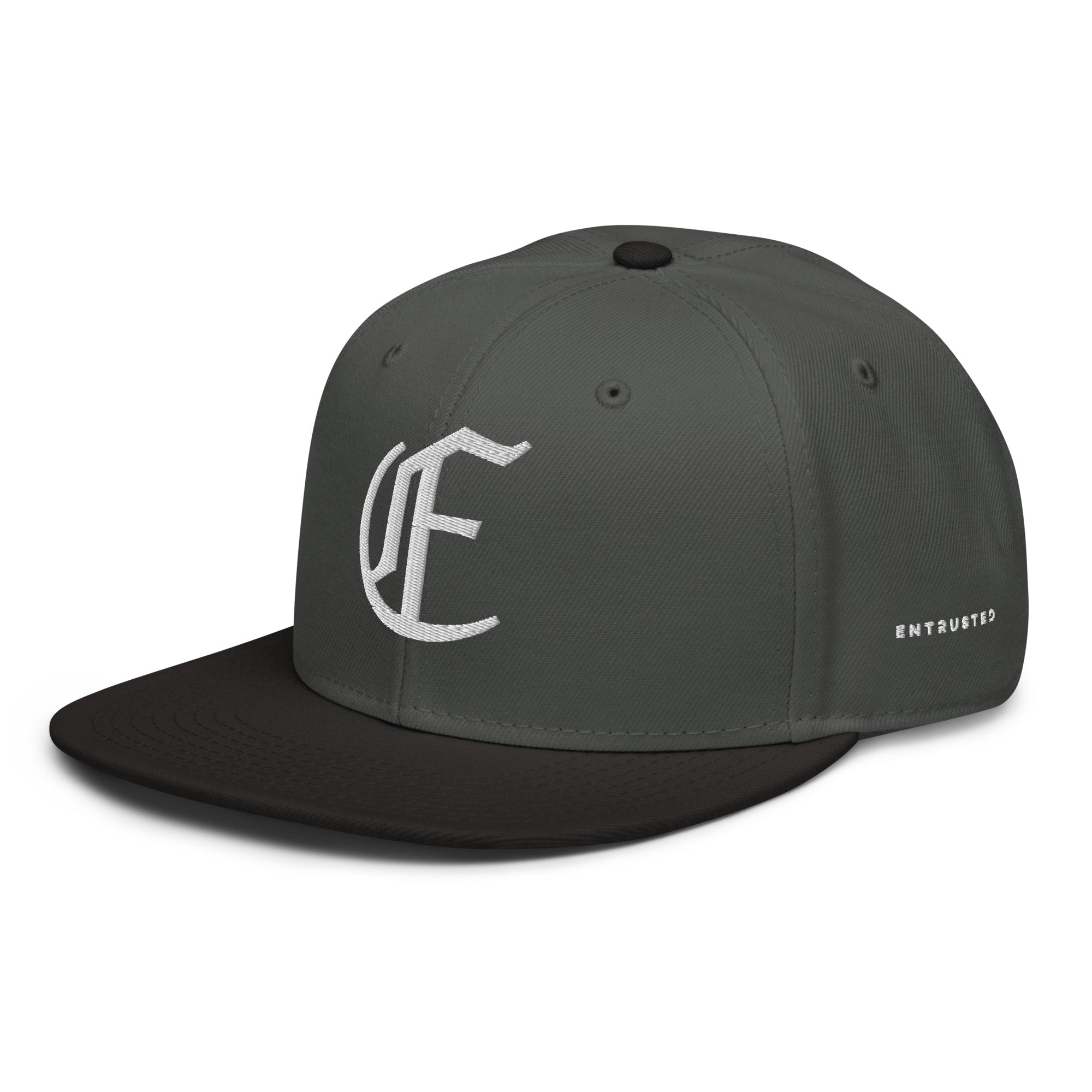 Image of Entrusted 3D Puff Christian cap black charcoal gray left front view — Entrusted to Him