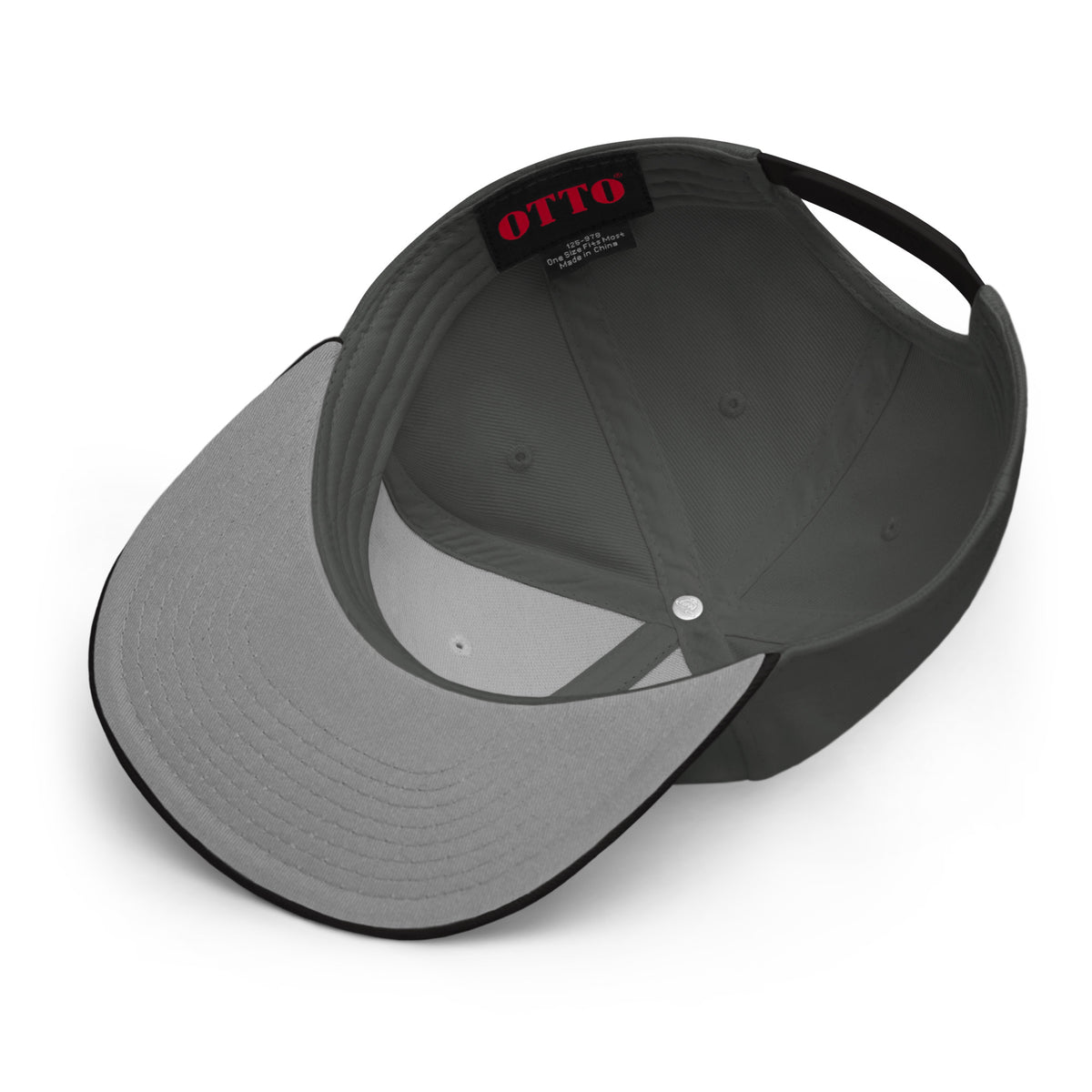 One Way embroidered snapback hat in charcoal gray with black visor, underside view showing the under-visor and inside of the crown