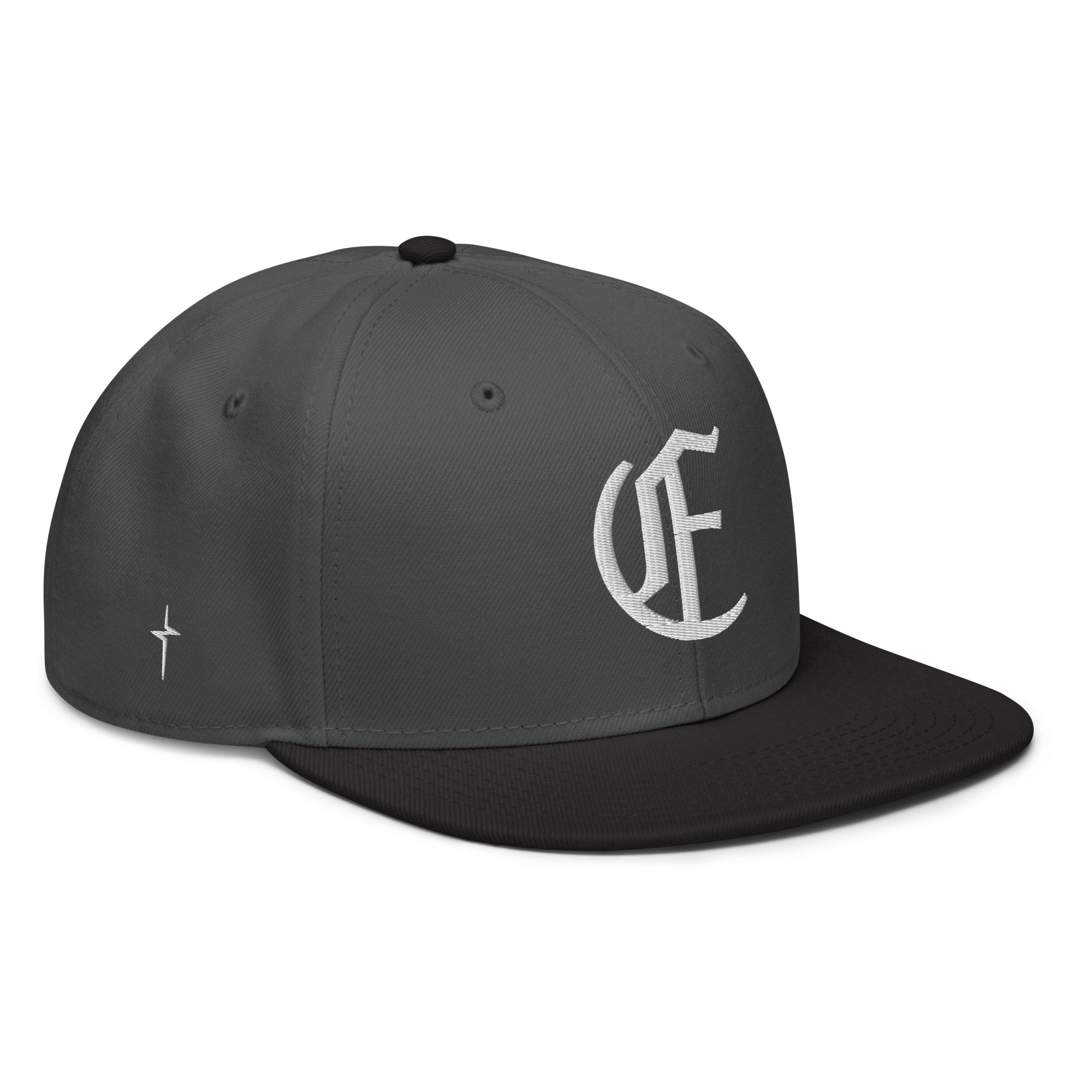 Image of Entrusted 3D Puff Christian snapback hat black charcoal gray right front view — Entrusted to Him