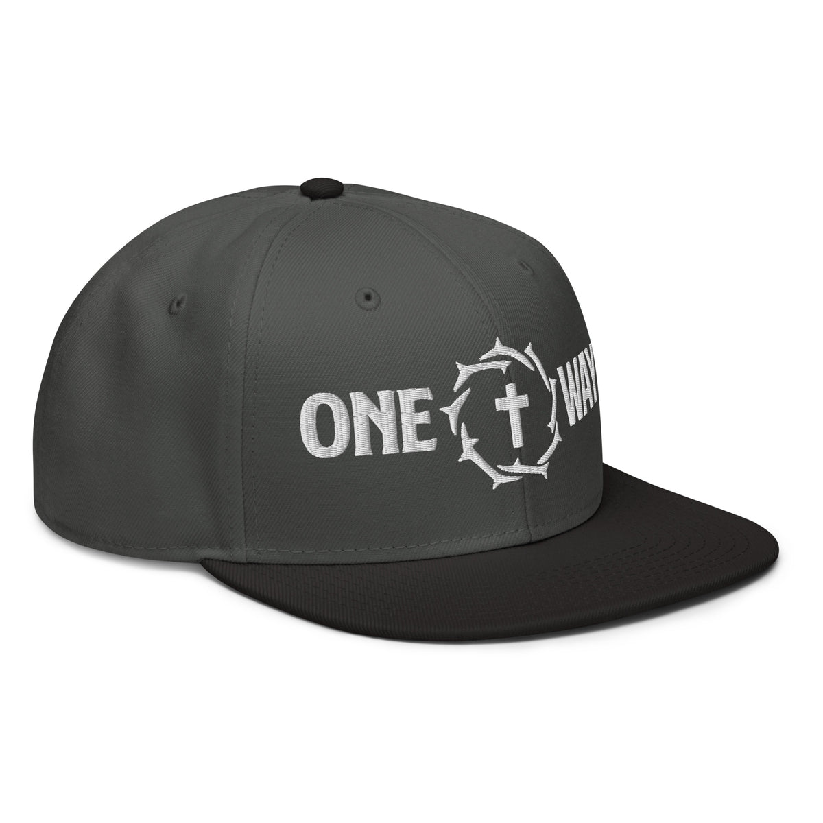 One Way embroidered snapback hat in charcoal gray with black visor, showing the cross and crown of thorns design, angled front view