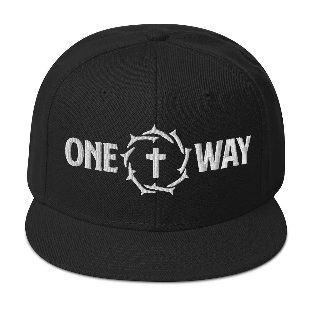 Image of One Way embroidered snapback hat in black with cross and crown of thorns design, front view