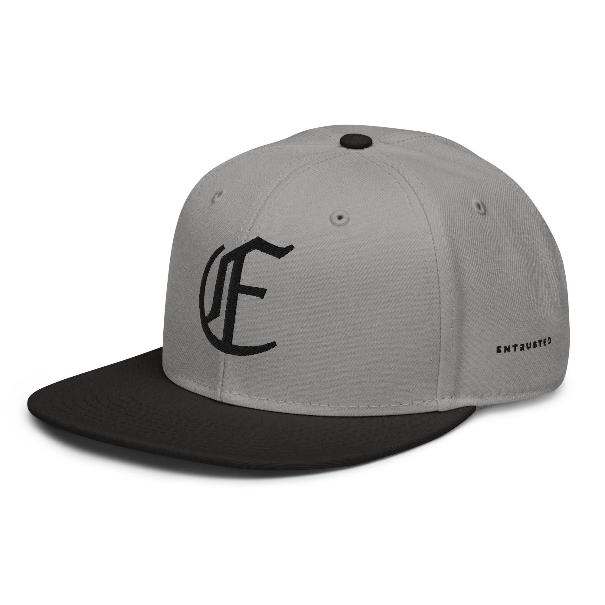 Image of Entrusted 3D Puff Christian snapback hat black gray left front view — Entrusted to Him